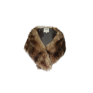 The Hazel Faux Fur Stole showcases rich shades of brown and black with a soft, fluffy texture, complemented by a gray satin inner lining. A white label with black text is visible inside the collar, making this accessory a statement piece that adds plush glamour to any outfit.