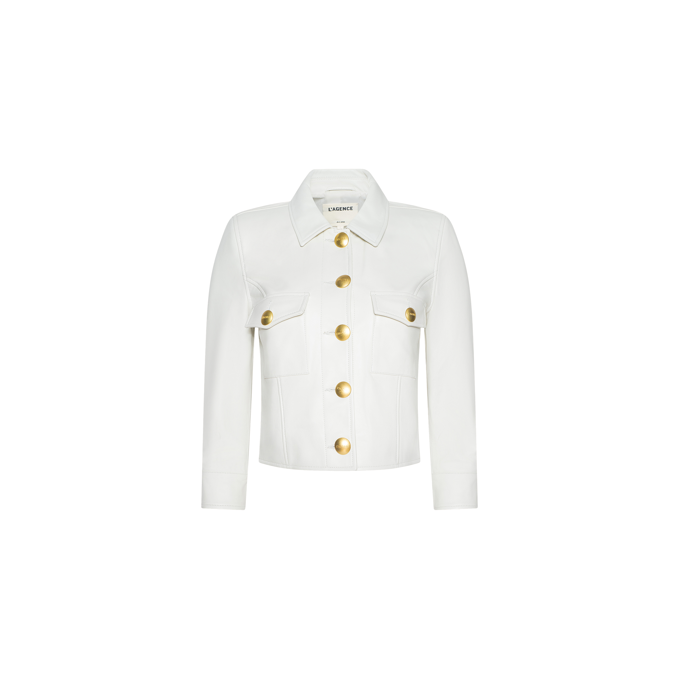 The Kumi Cropped Leather Jacket, crafted in white leather, features a collar, four gold buttons down the front, and two chest pockets. It is displayed on a plain white background.