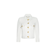 The Kumi Cropped Leather Jacket, crafted in white leather, features a collar, four gold buttons down the front, and two chest pockets. It is displayed on a plain white background.