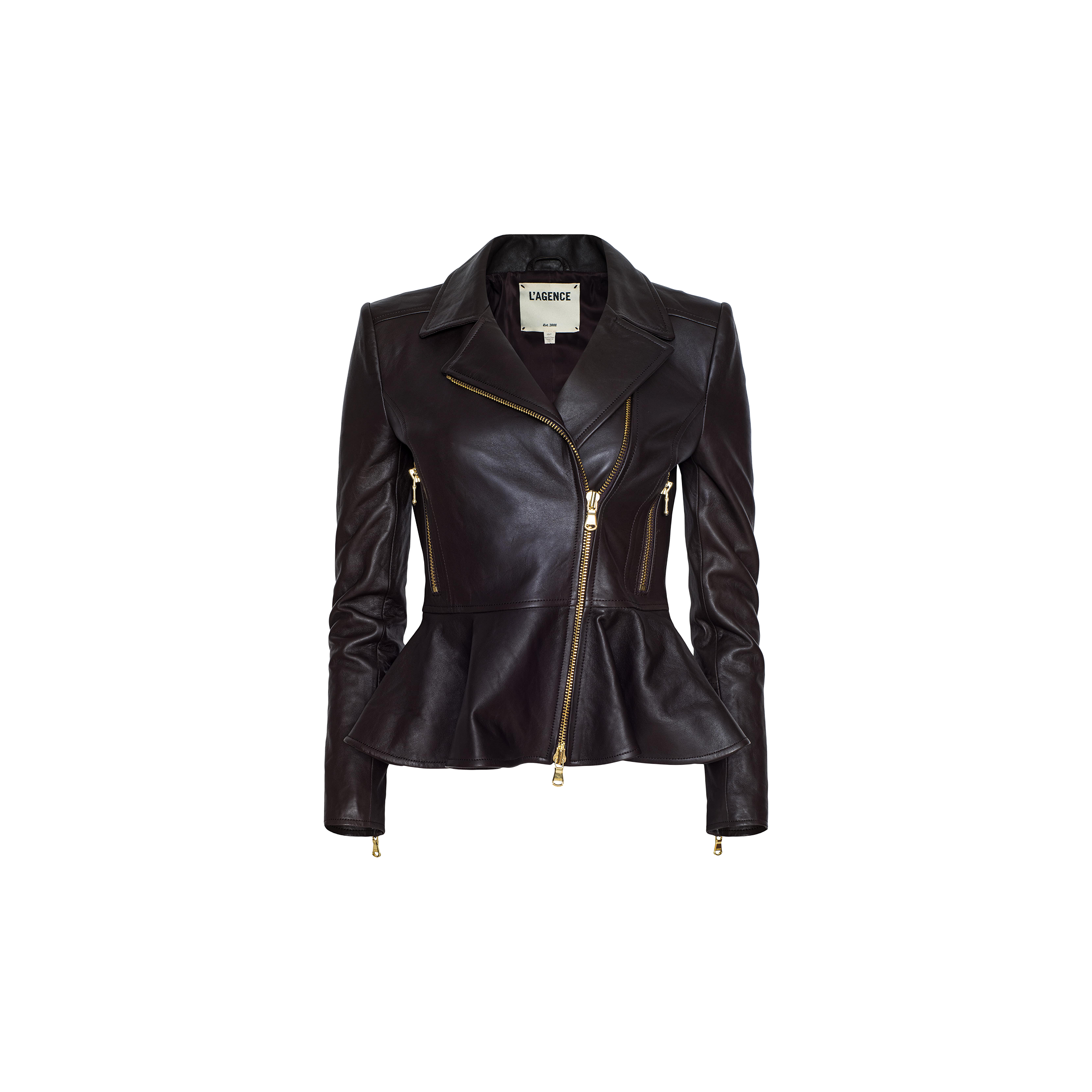 The Lyric Leather Peplum Jacket is a feminine biker jacket crafted from black lambskin leather, featuring gold zippers, a fitted waist, and a chic peplum hem, shown against a plain white background.