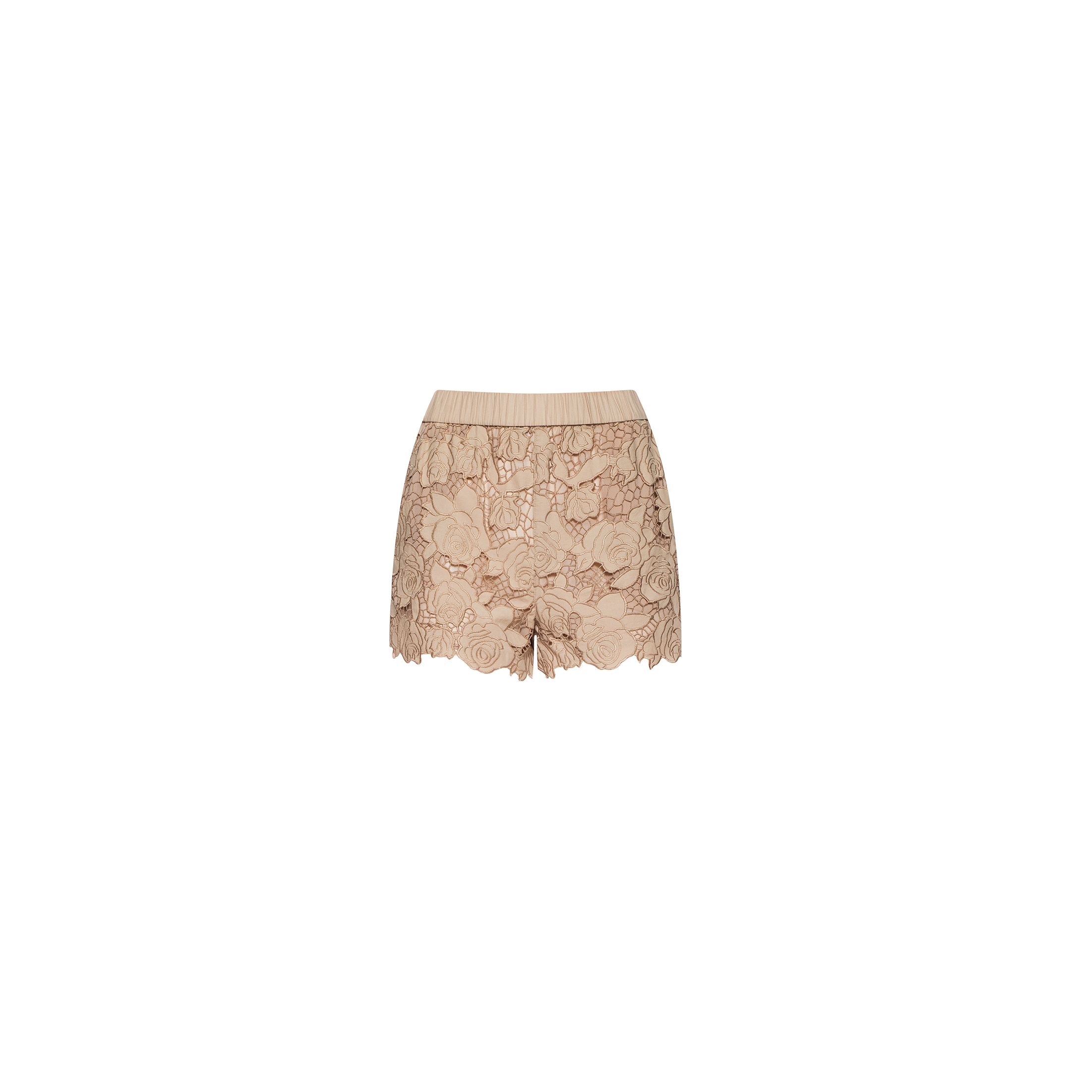 The Laina Eyelet Short features a beige lace design with a scalloped hem and delicate floral patterns, crafted in a lightweight style and presented in an almond tan shade against a plain white background.