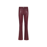 Selma Coated Bootcut Jean in a high-rise, maroon leather-alternative finish featuring a straight-leg silhouette and front button and zipper closure, shown against a plain white background.