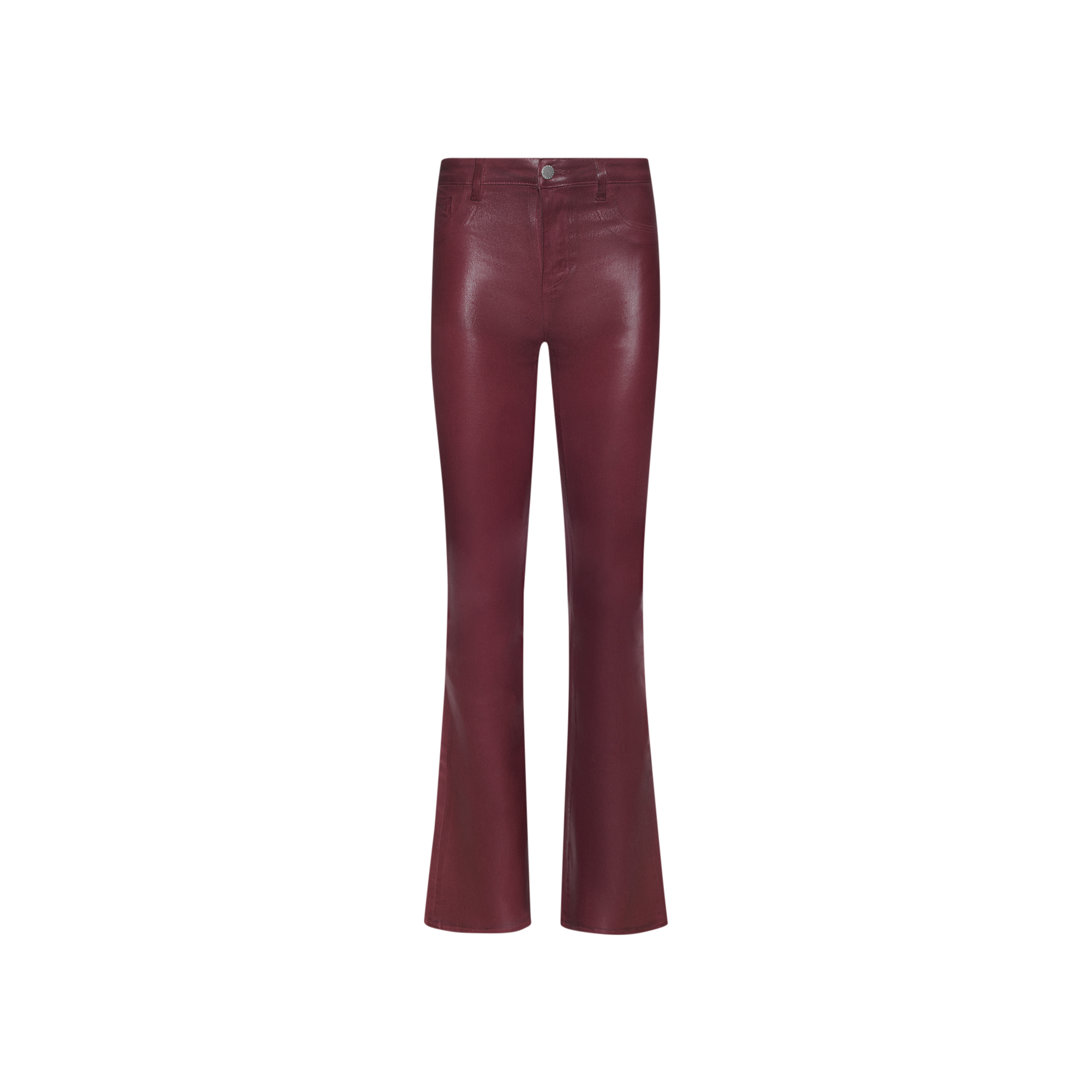 Selma Coated Bootcut Jean in a high-rise, maroon leather-alternative finish featuring a straight-leg silhouette and front button and zipper closure, shown against a plain white background.