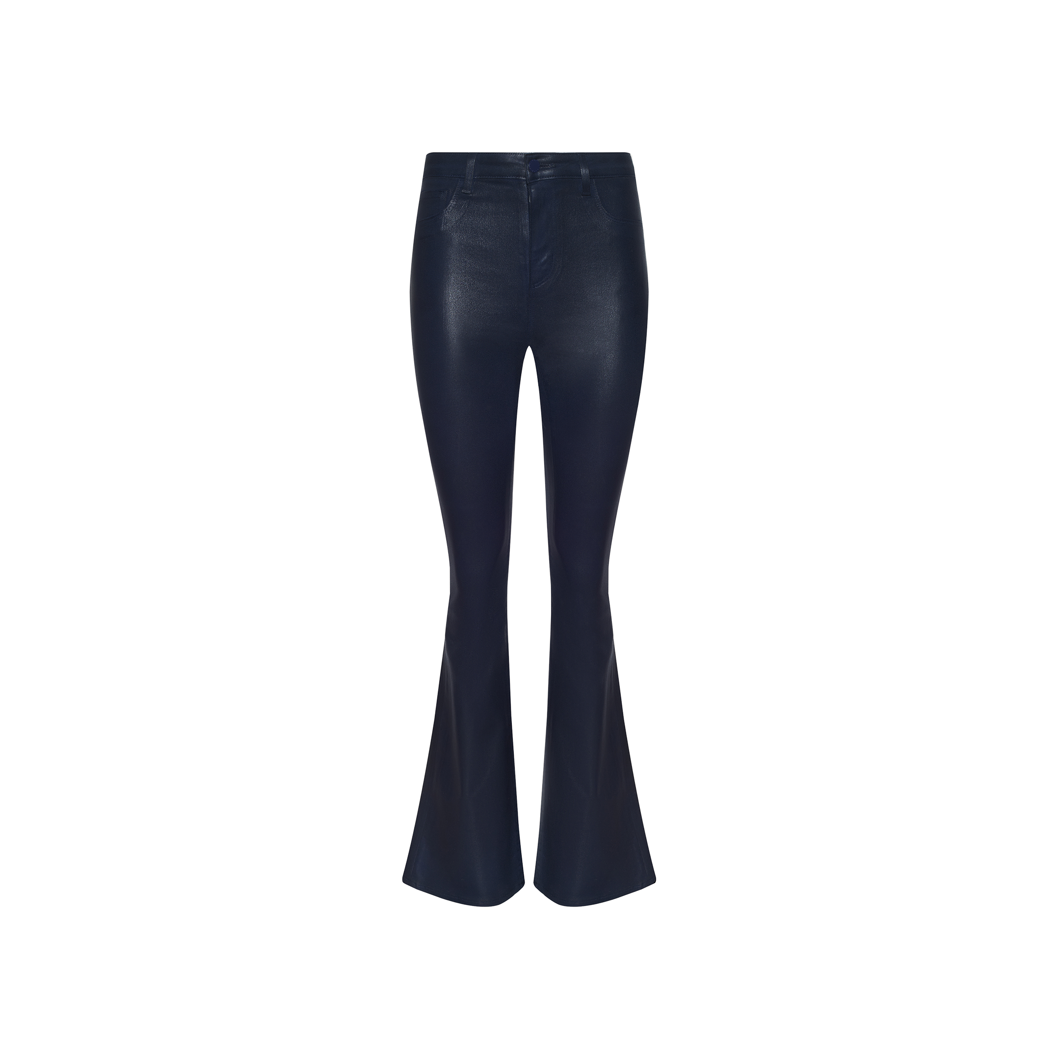 Marty Coated Flare Jean in black features a high-waisted silhouette, flared hem, and shiny leather-like coated denim, showcased against a plain white background.