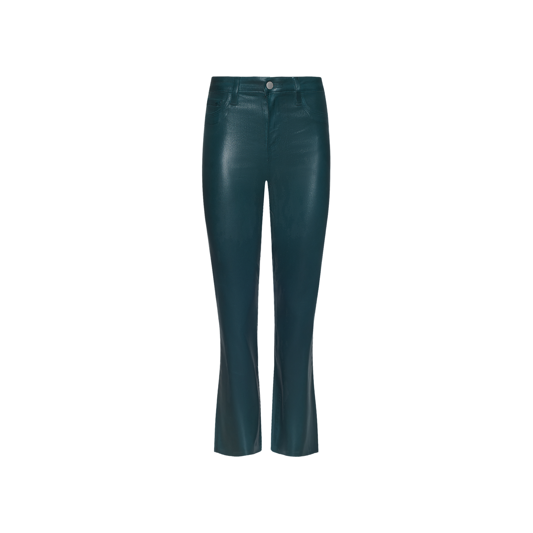 Kendra Coated Cropped Flare Jean in teal, featuring a slim fit, high-rise waist, front and back pockets, button closure, and a slight flare at the hem; displayed on a white background.