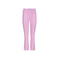 Kendra Coated Cropped Flare Jean in a light pink, high-waisted style featuring a front button and zipper closure, displayed against a plain white background.