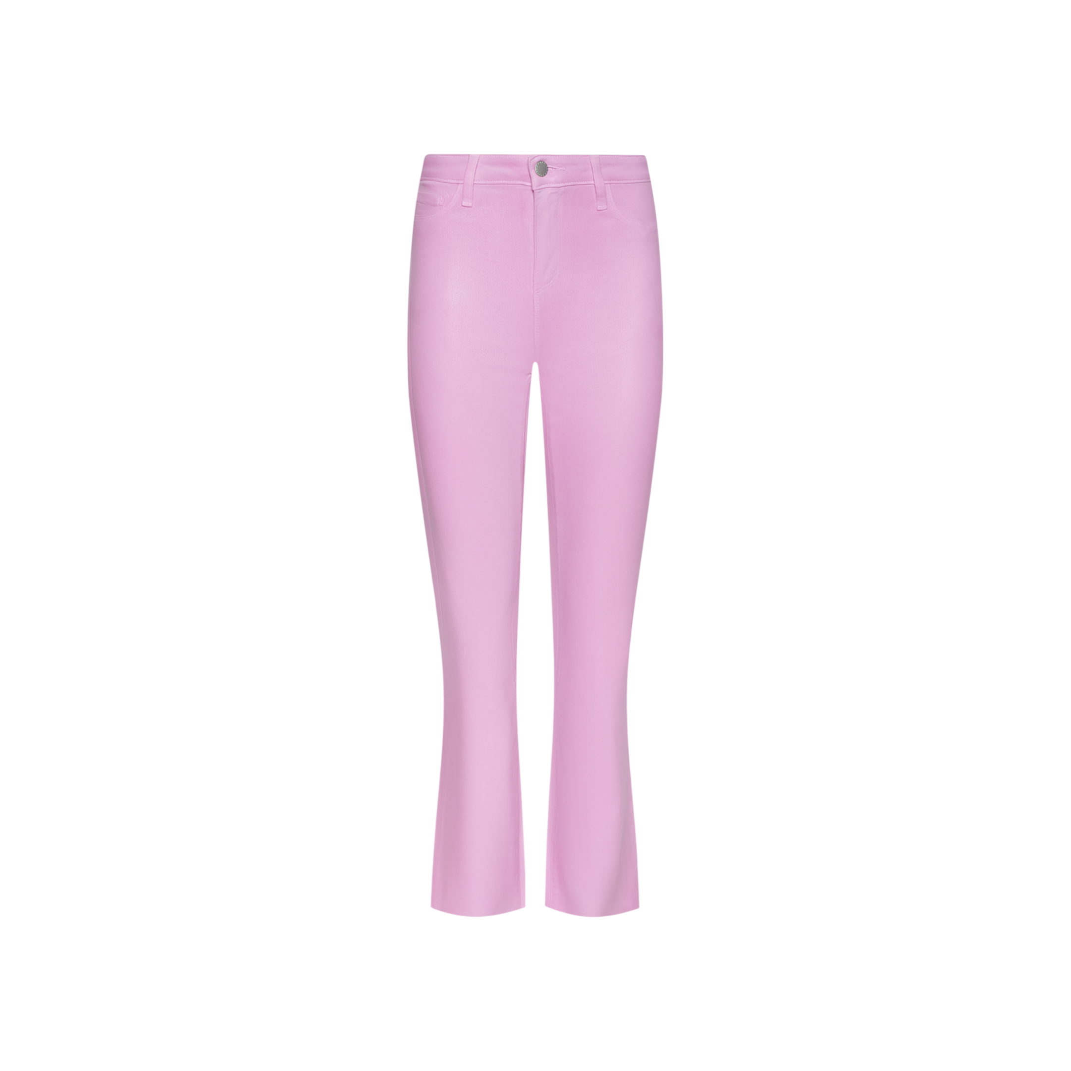 Kendra Coated Cropped Flare Jean in a light pink, high-waisted style featuring a front button and zipper closure, displayed against a plain white background.