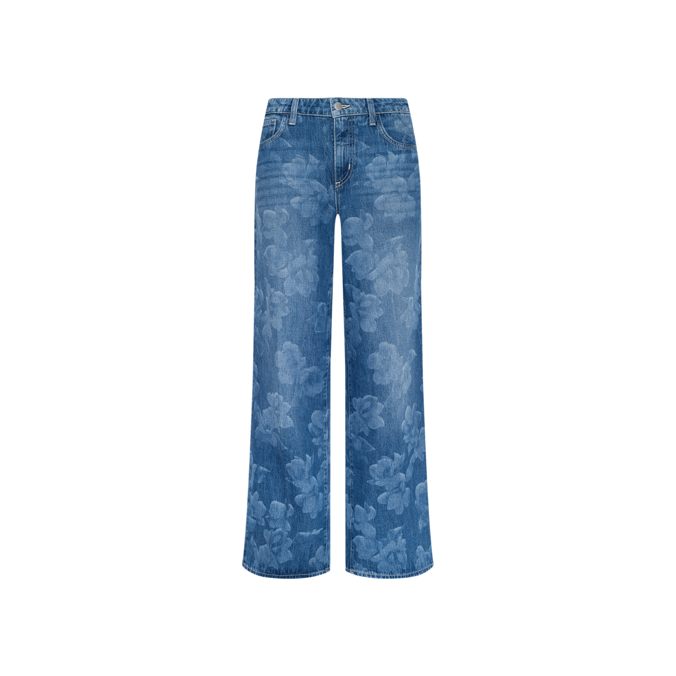 The Alicent Wide-Leg Jean features a sneaker-length, wide-leg blue denim design with a subtle floral print, complete with button and zipper closure and front and back pockets, displayed against a plain white background.