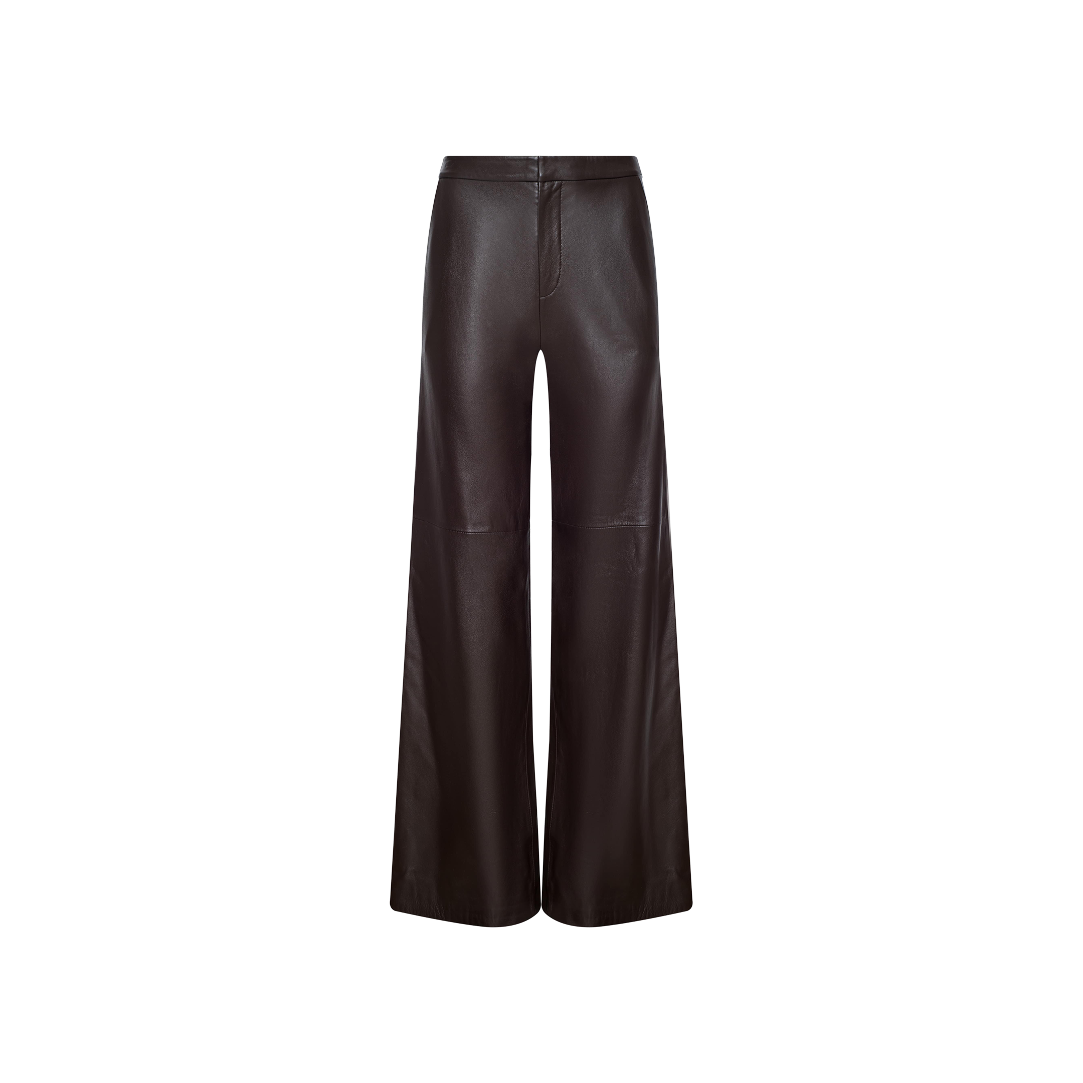 The Livvy Leather Trouser is a high-rise, wide-leg pant crafted from black lambskin leather and features seam detailing at the knees, shown against a plain white background.