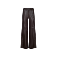 The Livvy Leather Trouser is a high-rise, wide-leg pant crafted from black lambskin leather and features seam detailing at the knees, shown against a plain white background.