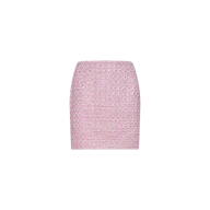 The Livia Tweed Mini Skirt is a short, high-waisted pink sequined tweed mini skirt with a fitted silhouette, displayed against a plain white background.
