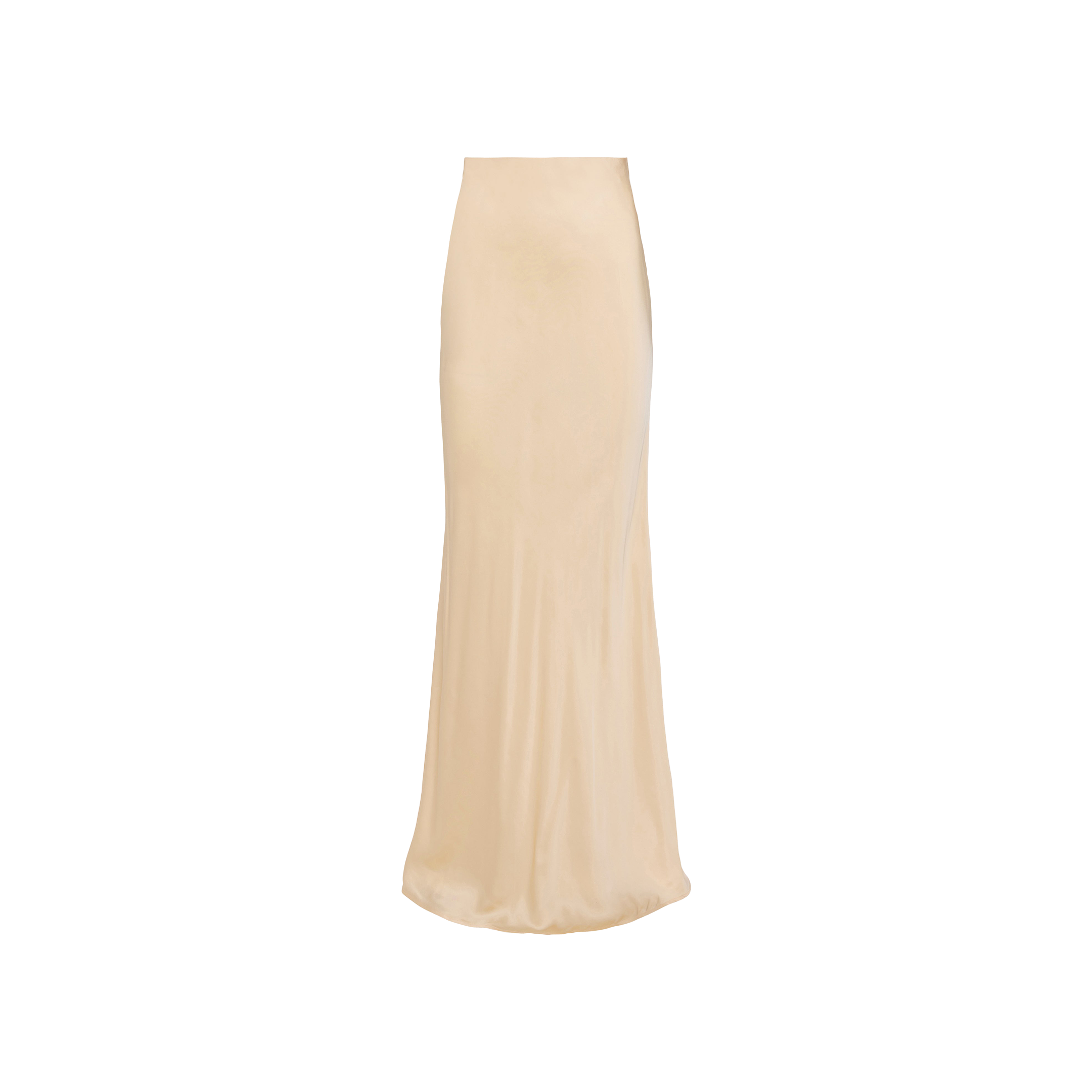 The Zeta Satin Maxi Skirt by L’AGENCE is a long, light beige bias-cut satin skirt with a subtle sheen and a fitted waist that gently flares towards the hem, shown against a plain white background.