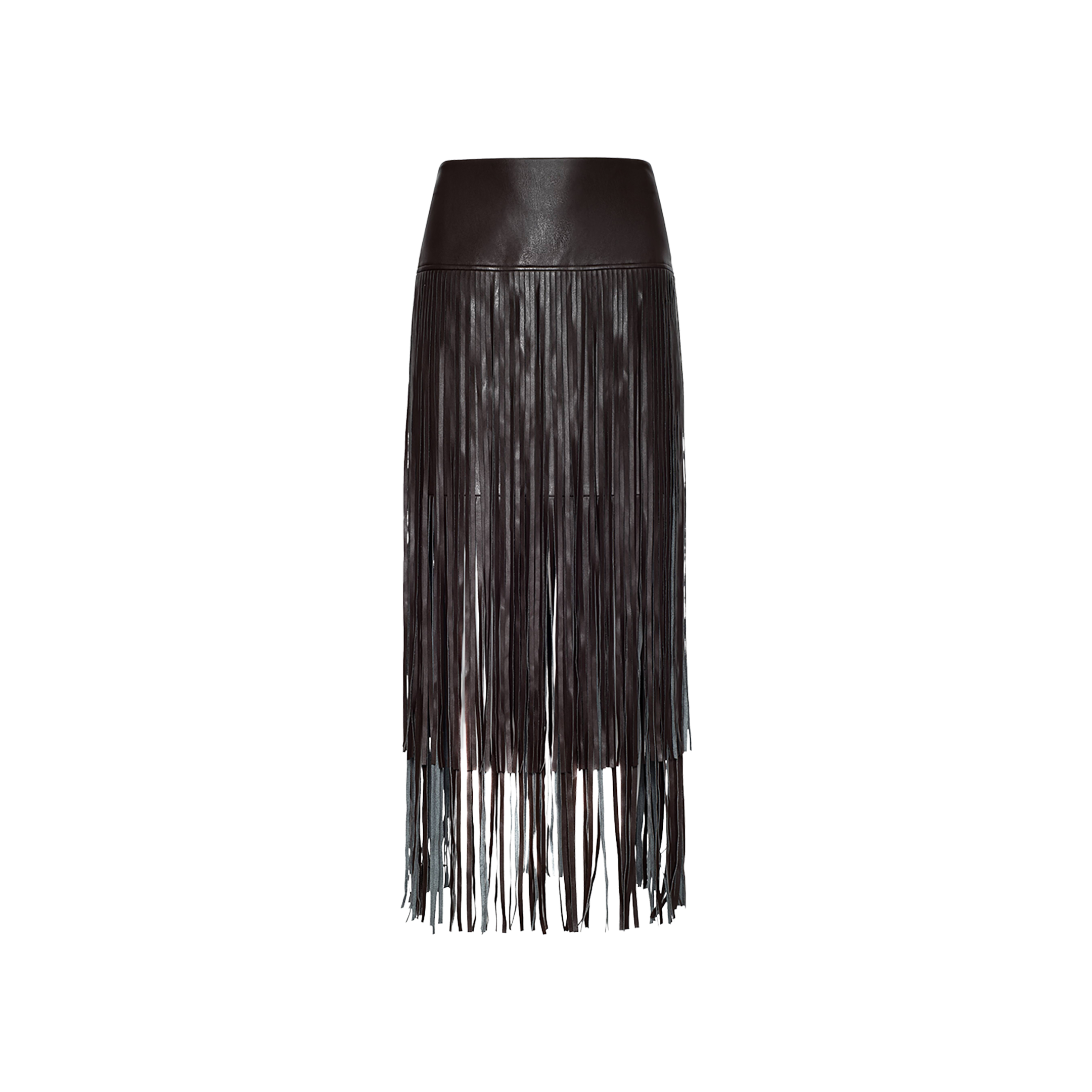 The Karolina Fringe Skirt is a high-waisted black vegan leather skirt featuring long, thin fringe detailing that cascades from the waistband to below the knee, making it a striking statement piece displayed on a plain white background.