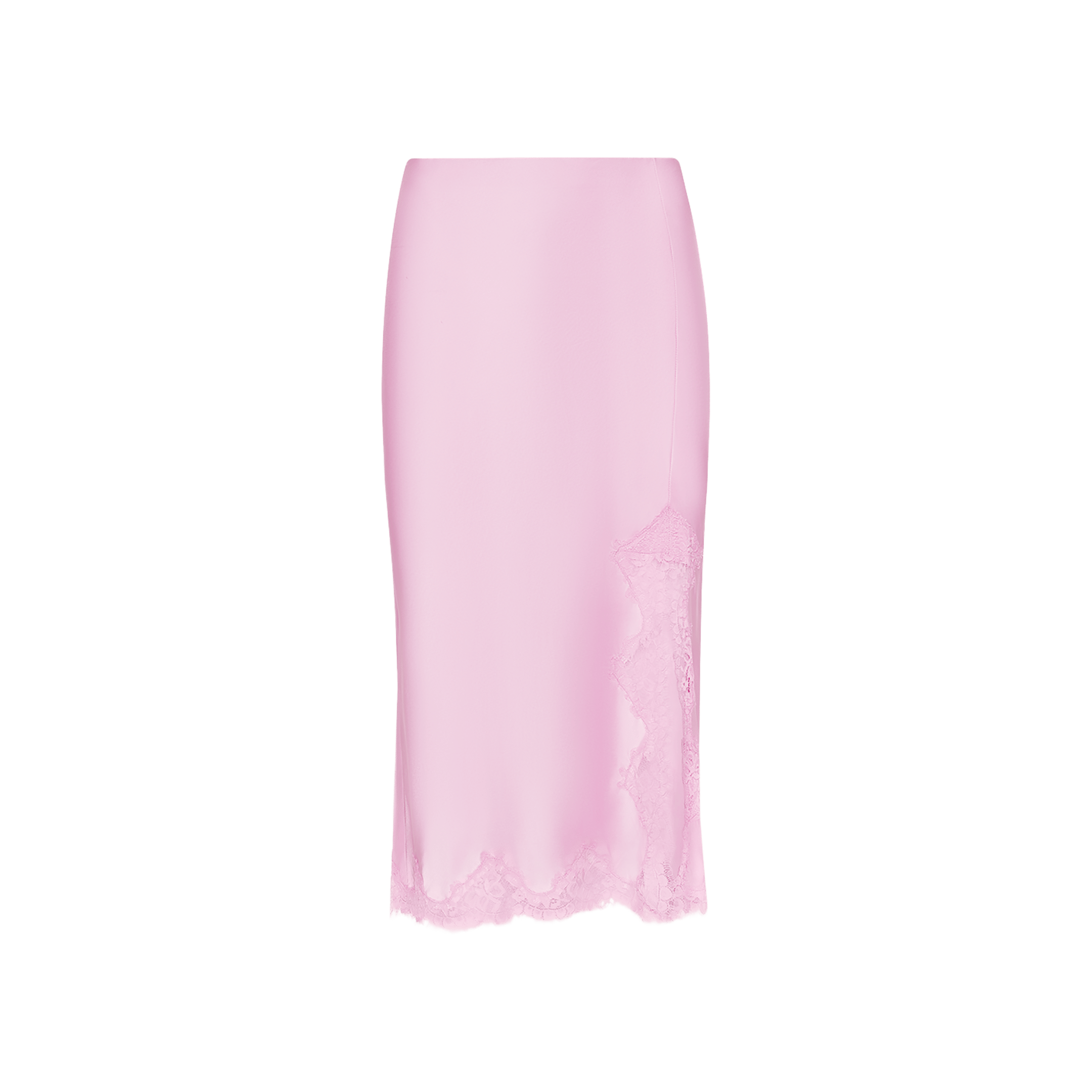 The Tico Silk Lace Skirt, a light pink high-waisted midi skirt, features delicate eyelash lace trim along the hem and side, displayed on a plain white background.