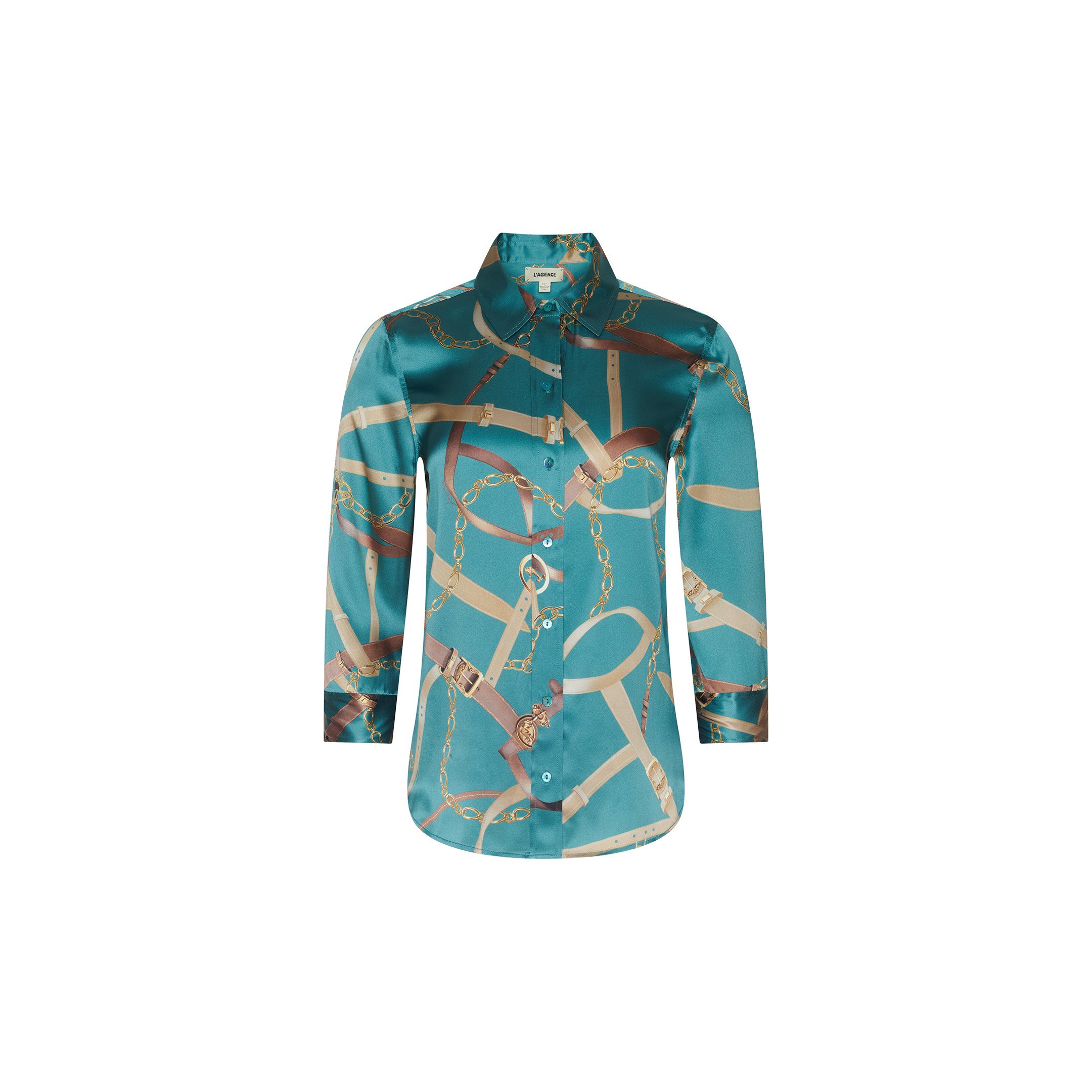 The Dani Silk Blouse is a teal satin silk top adorned with a gold and beige chain and belt print, featuring a classic collar and long sleeves, shown against a plain white background.