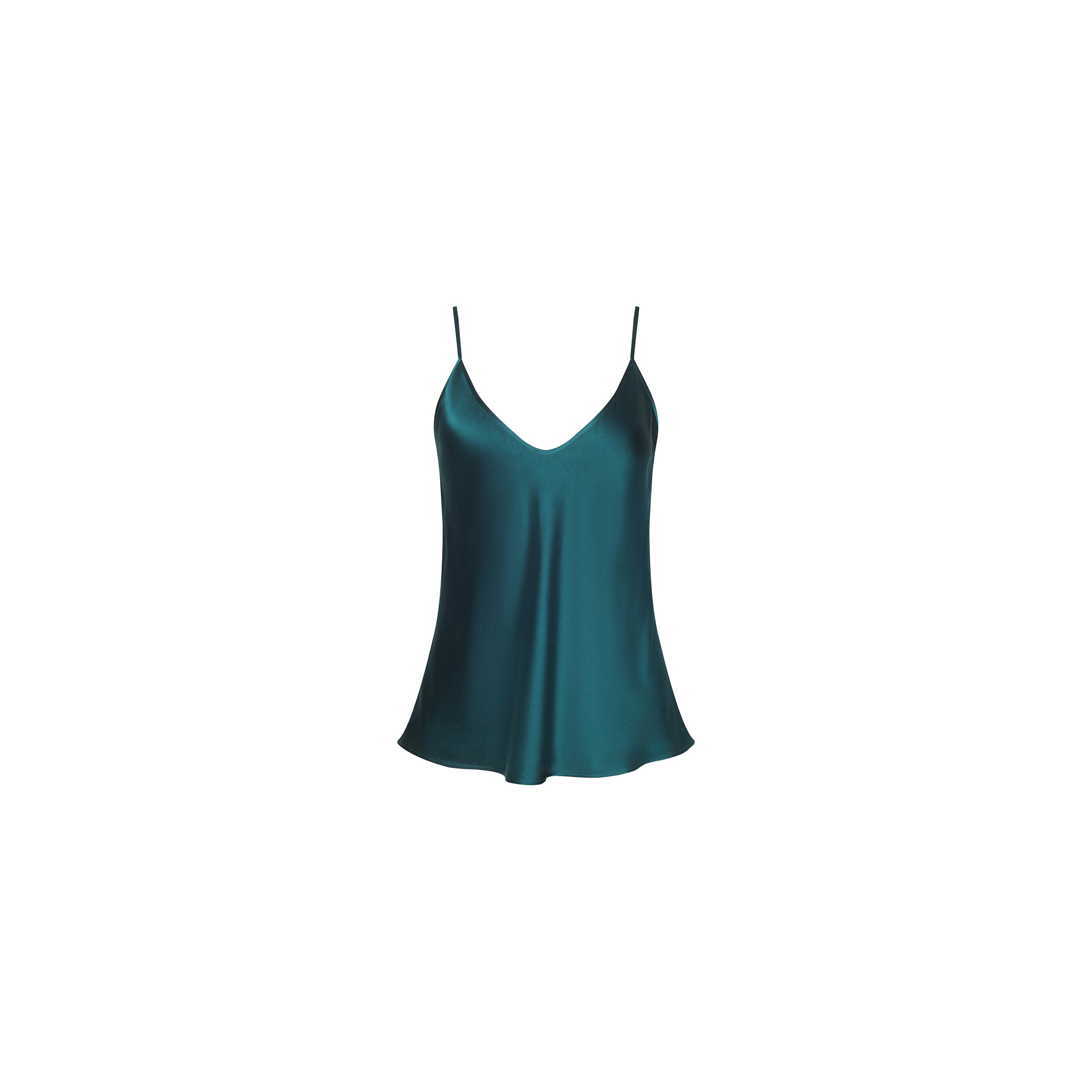 Lexi Silk Camisole in teal, featuring a bias cut, V-neckline, and thin adjustable straps, displayed on a plain white background.