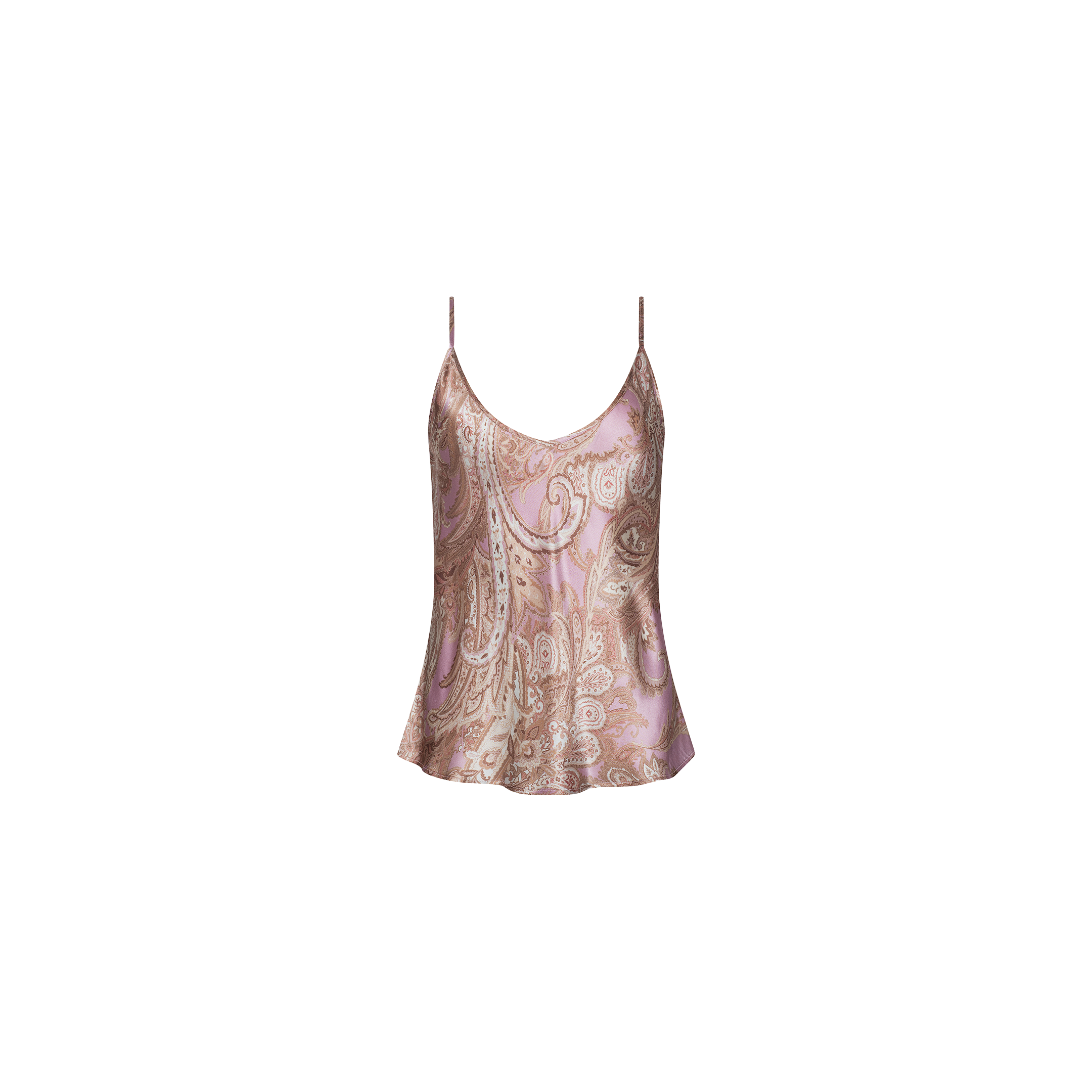 The Lexi Silk Camisole is a bias-cut top in pink and beige, featuring a paisley pattern and adjustable thin straps, shown against a plain white background.