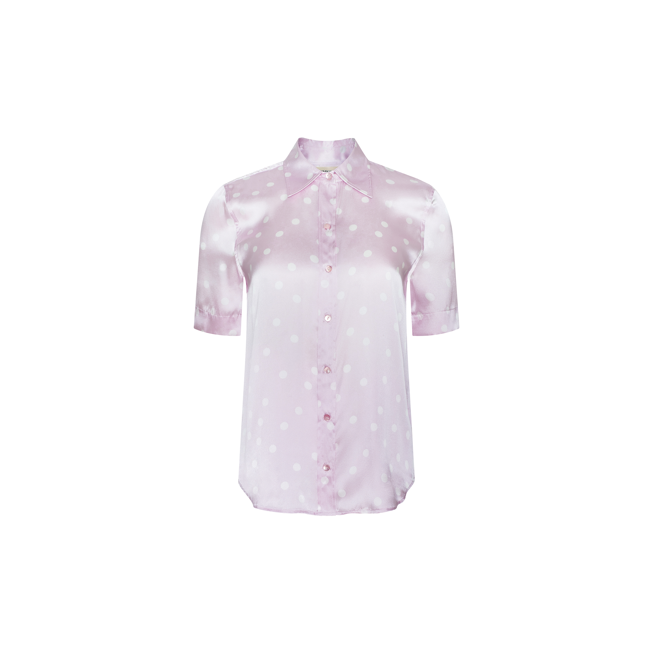 Ellah Silk Blouse in light pink with white polka dots, featuring short sleeves, a classic collar, and button-down front, displayed against a plain white background.