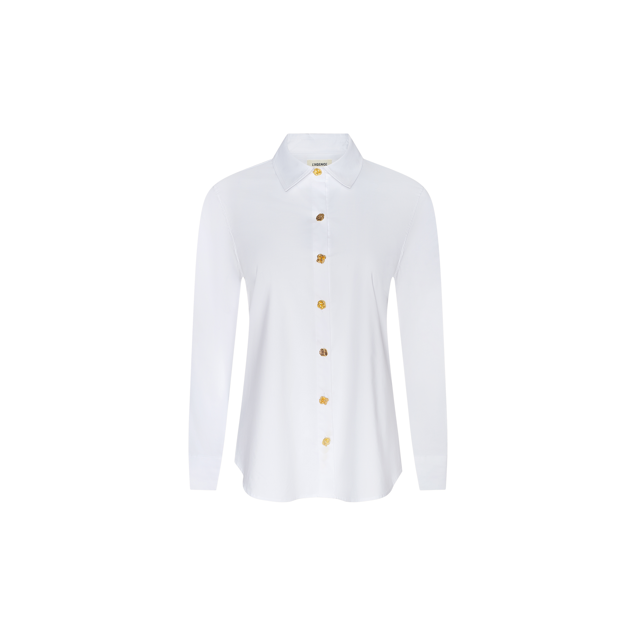 The Ellery Button-Down Shirt is a white, long-sleeve collared shirt featuring gold buttons and crafted from an organic cotton-blend for a relaxed fit, shown against a plain white background.