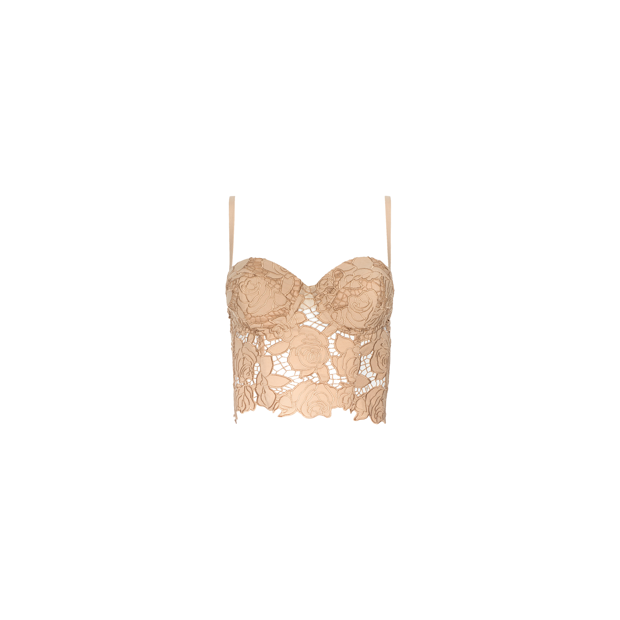 The Sonya Bustier, a beige lace crop top featuring floral patterns and thin adjustable straps in a bustier style, is displayed on a plain white background.