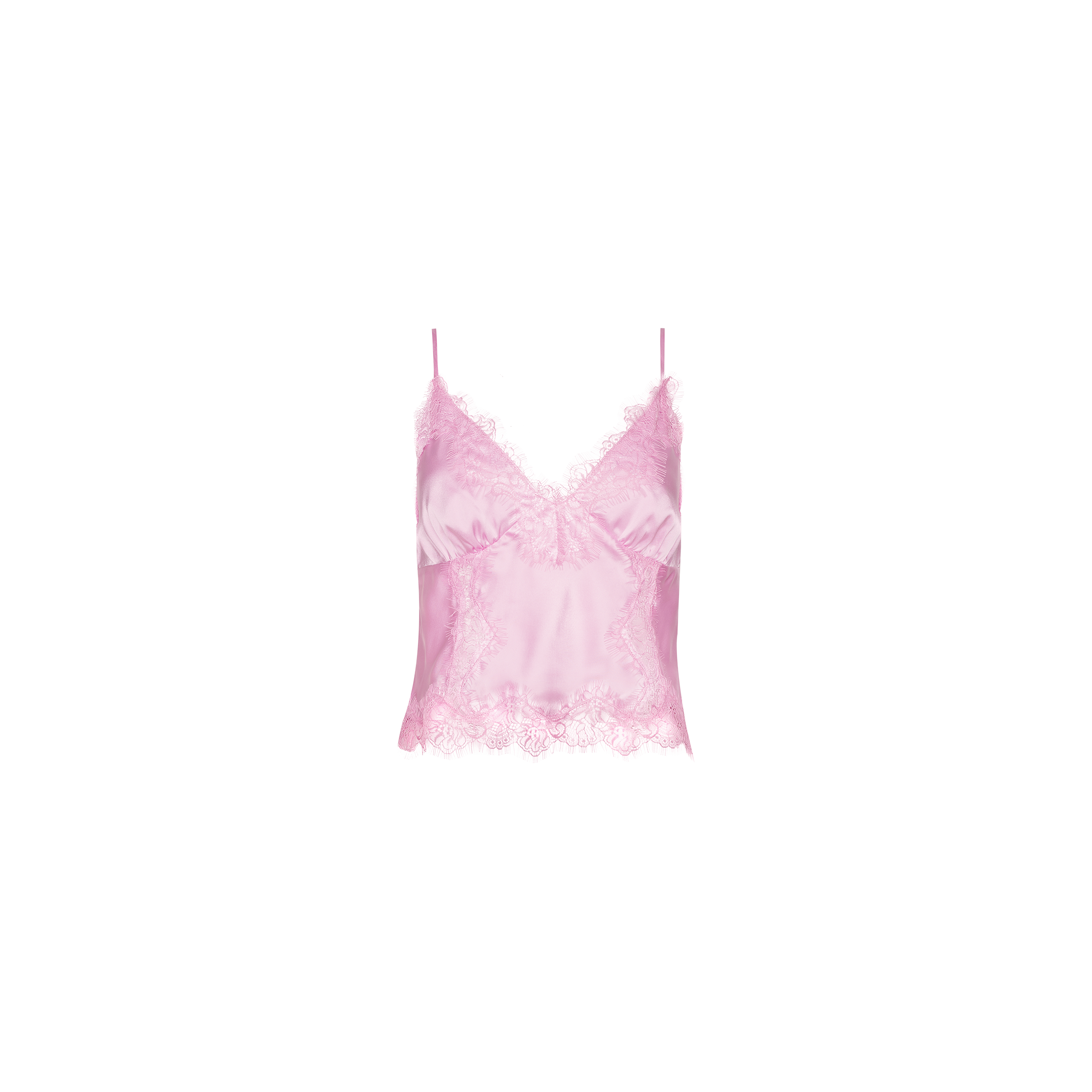 Kimber Silk Lace Camisole in pink, featuring adjustable thin straps and delicate lace trim along the neckline and hem, displayed on a white background.