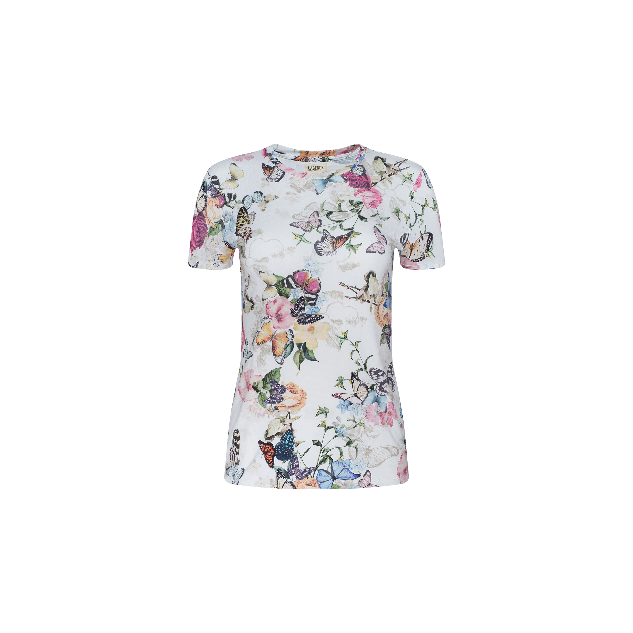 The Ressi Fitted Tee is a white short-sleeve t-shirt crafted from soft stretch jersey knit, featuring a colorful butterfly garden print with floral accents throughout, displayed on a plain light background.