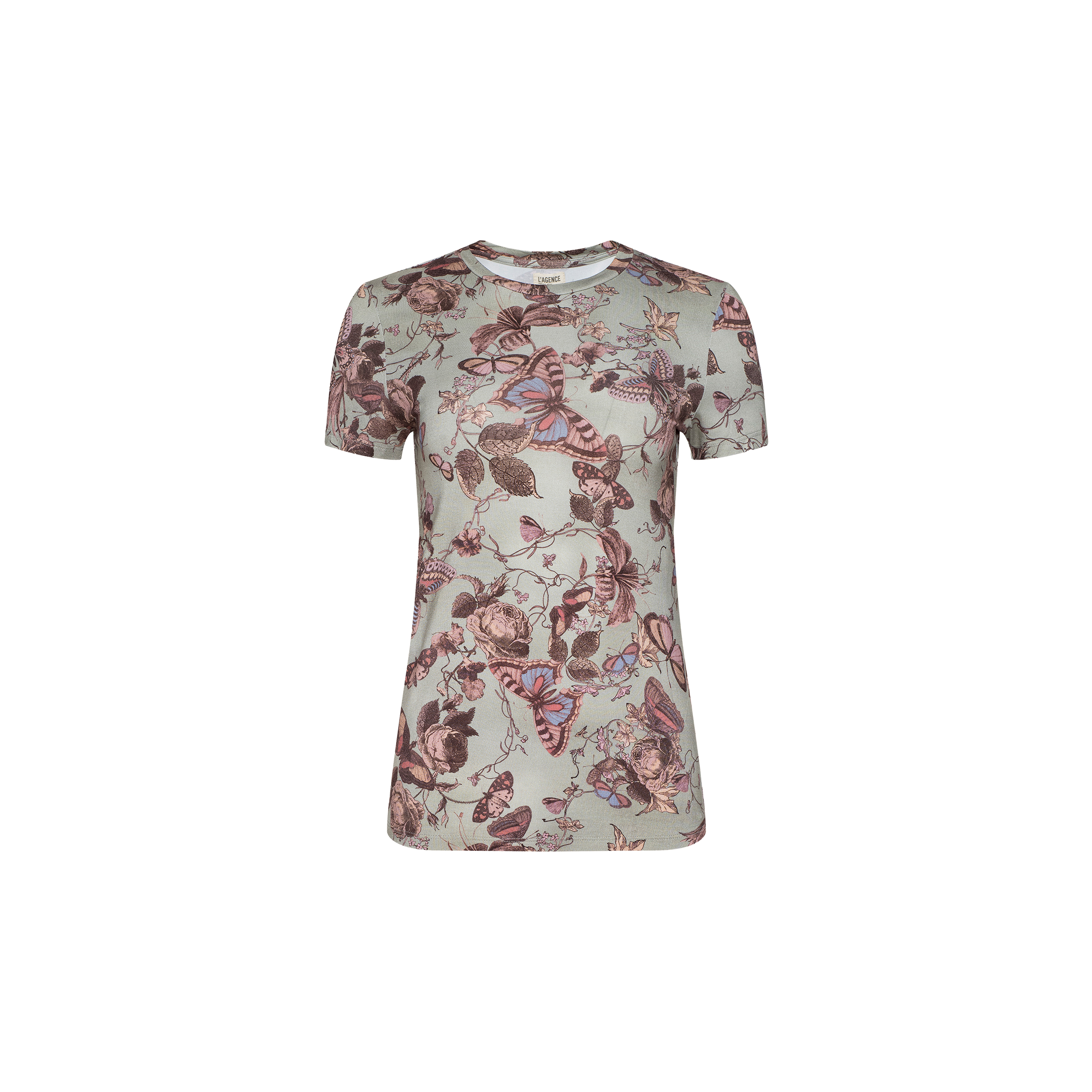 The Ressi Fitted Tee is a short-sleeved, light gray t-shirt adorned with an all-over print of butterflies and flowers in pink, brown, and purple tones. Crafted from soft stretch jersey, it features a flattering slim fit.