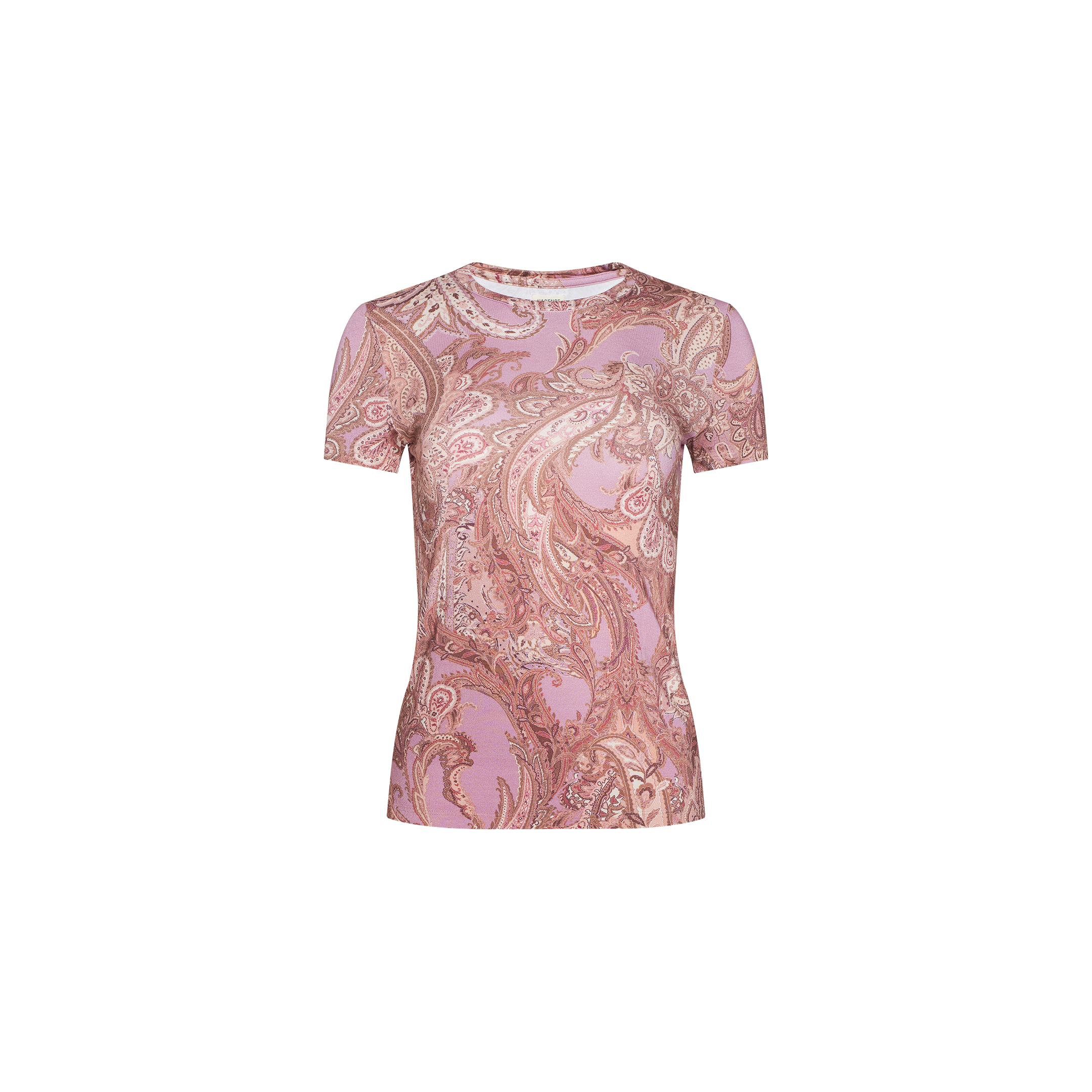 Ressi Fitted Tee crafted from stretch jersey knit, featuring a mauve paisley print in pink and beige, displayed on a plain white background.