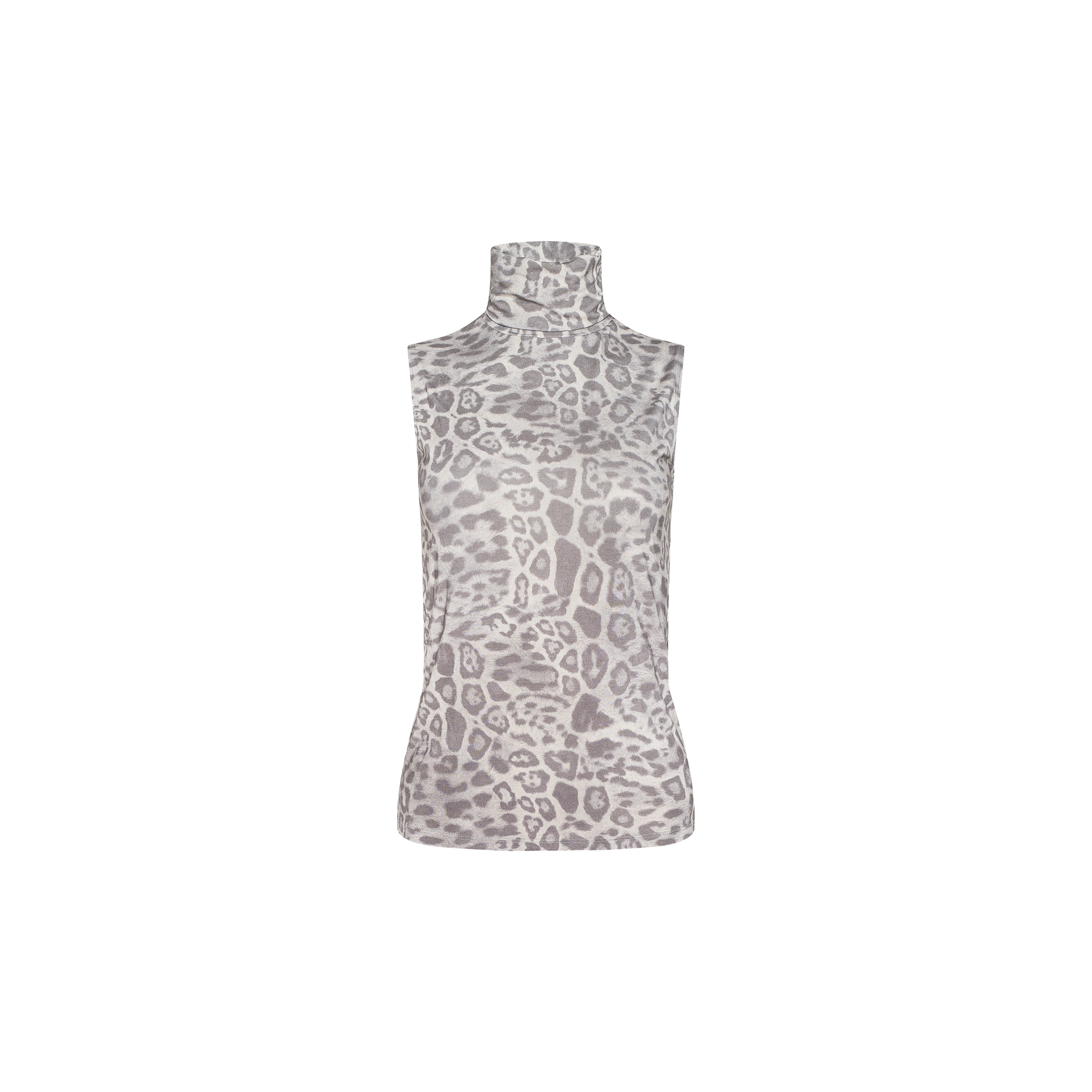 The Ceci Sleeveless Turtleneck is a slim fit top featuring a high neckline and a grey leopard print pattern, displayed on a plain white background.