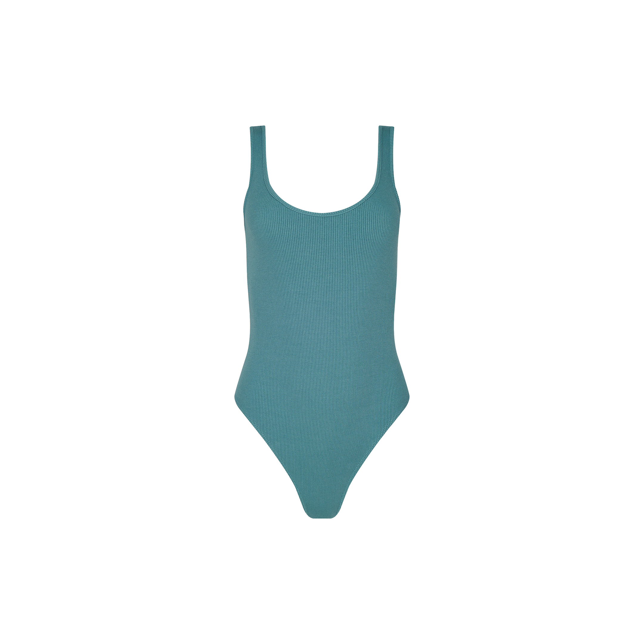 The Nica Scoopneck Bodysuit in teal features a sleeveless design with a scoop neckline and high-cut leg openings, crafted from high recovery stretch rib fabric for a sculpted fit, and is displayed against a plain white background.