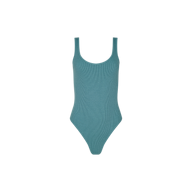 The Nica Scoopneck Bodysuit in teal features a sleeveless design with a scoop neckline and high-cut leg openings, crafted from high recovery stretch rib fabric for a sculpted fit, and is displayed against a plain white background.