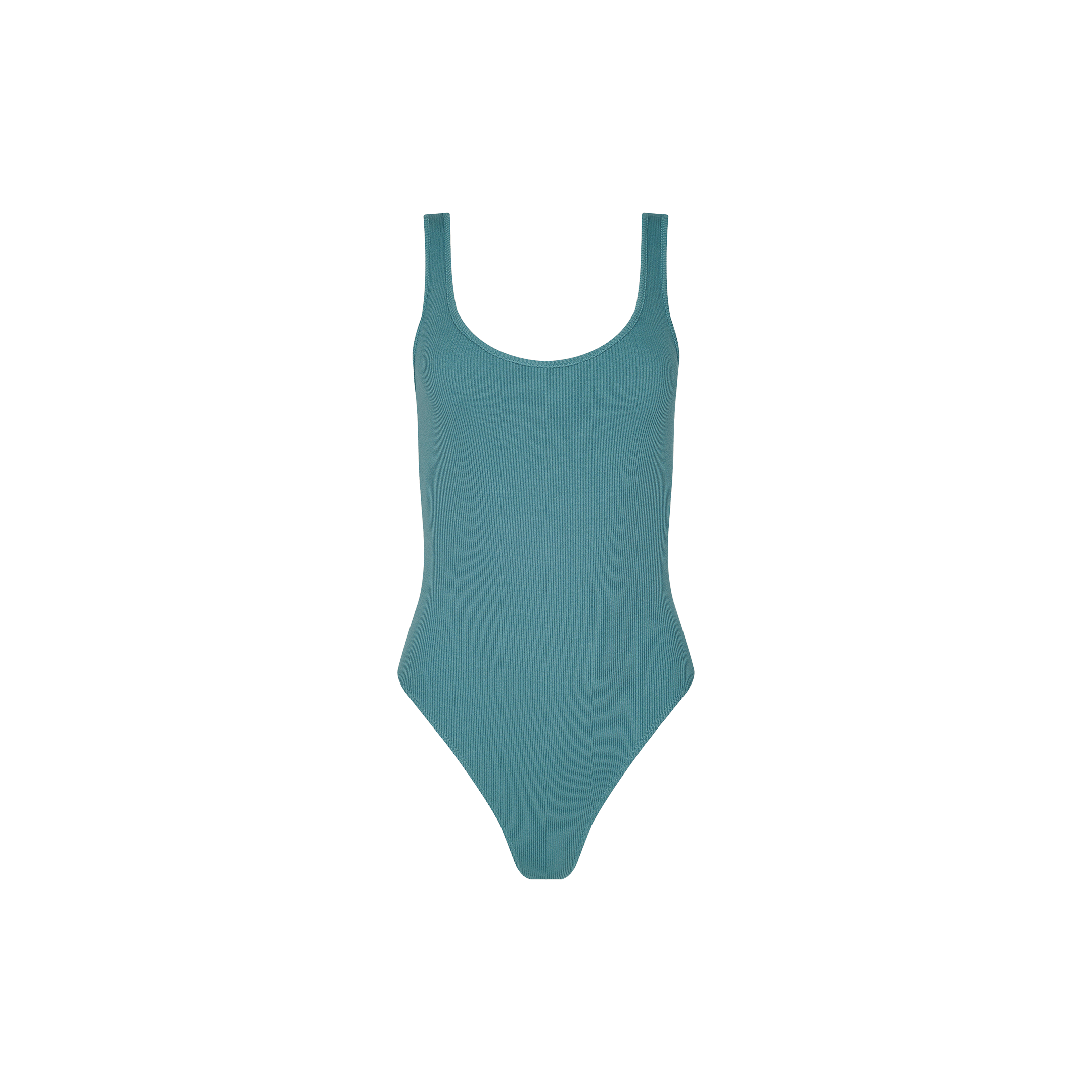 The Nica Scoopneck Bodysuit in teal features a sleeveless design with a scoop neckline and high-cut leg openings, crafted from high recovery stretch rib fabric for a sculpted fit, and is displayed against a plain white background.