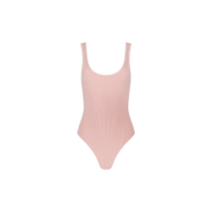 The Nica Scoopneck Bodysuit features a light pink hue, a sleeveless design, a scoop neckline, and high-cut legs, crafted from high-stretch rib fabric.