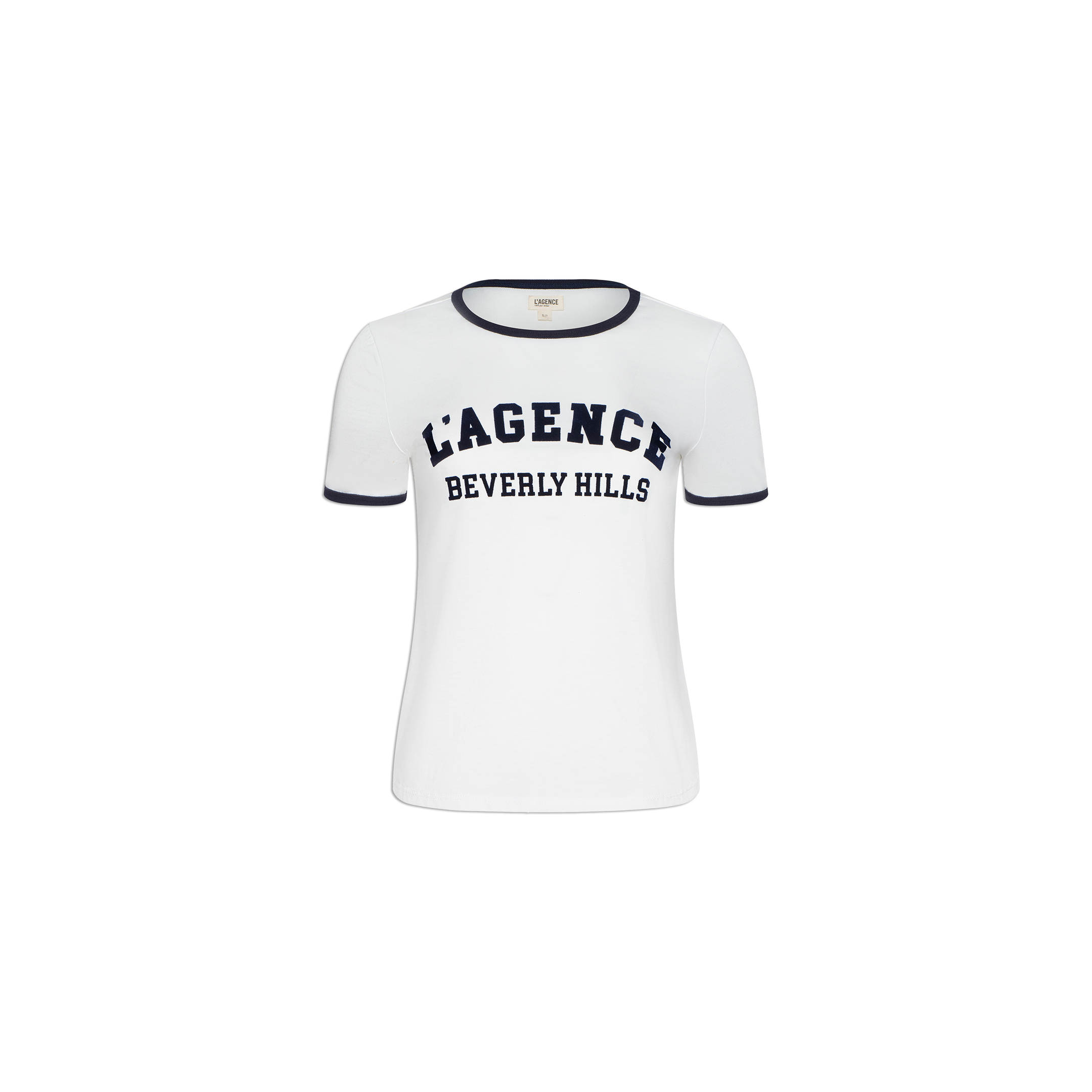 The Tommie Crewneck Tee is a white short-sleeve T-shirt with black trim on the collar and sleeves. Crafted from soft Supima cotton, this relaxed fit shirt features bold black “LAGENCE BEVERLY HILLS” lettering across the chest.