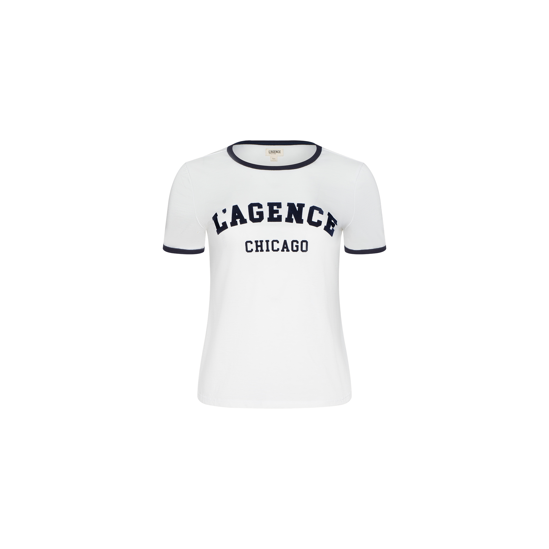 White short-sleeve Tommie Crewneck Tee featuring dark trim on the collar and sleeves. Crafted from soft Supima cotton in a relaxed fit, this shirt displays “LAGENCE CHICAGO” printed in bold, dark letters across the plain white chest.