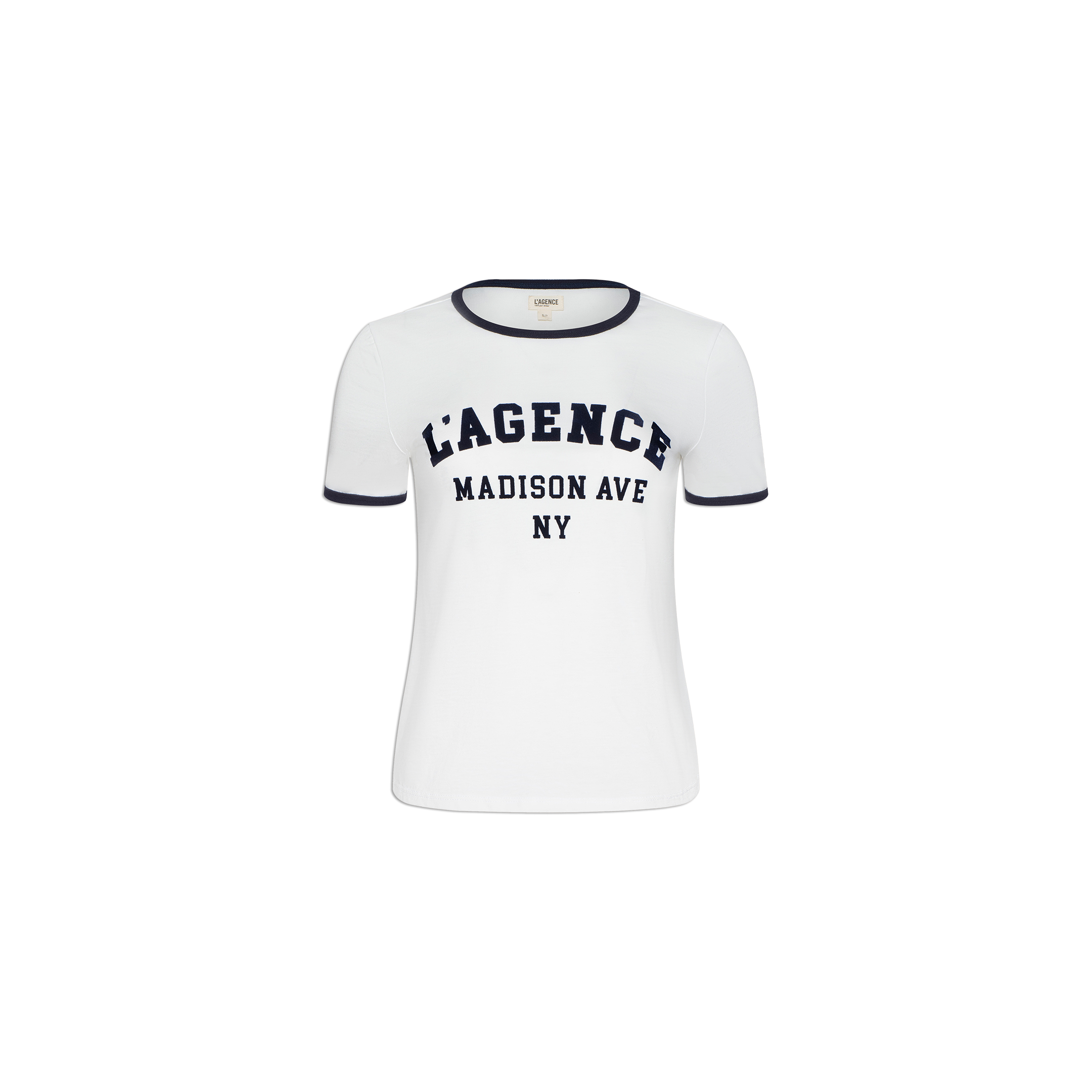 White short-sleeve Tommie Crewneck Tee with black trim on the collar and sleeves, crafted from soft Supima cotton and featuring the text LAGENCE MADISON AVE NY in bold black letters on the front.