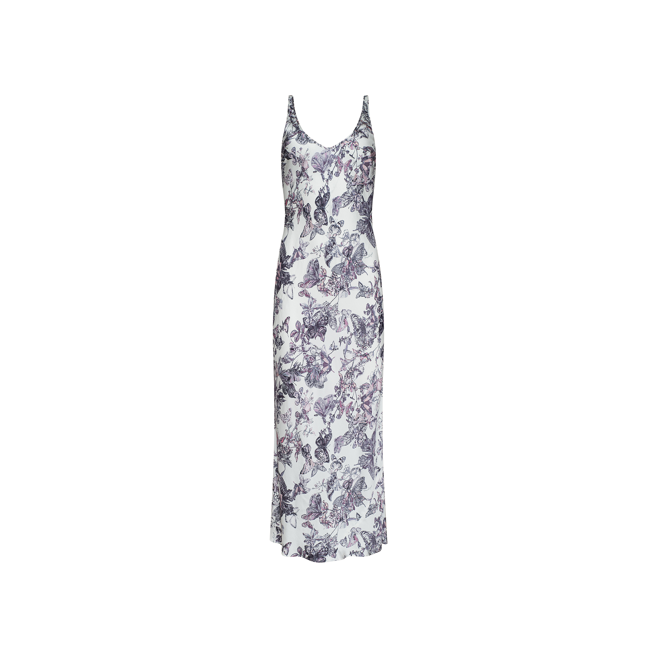 Akiya Satin Maxi Dress: A sleeveless, white satin maxi dress with a V-neckline and a purple floral and butterfly print, displayed on a plain white background.