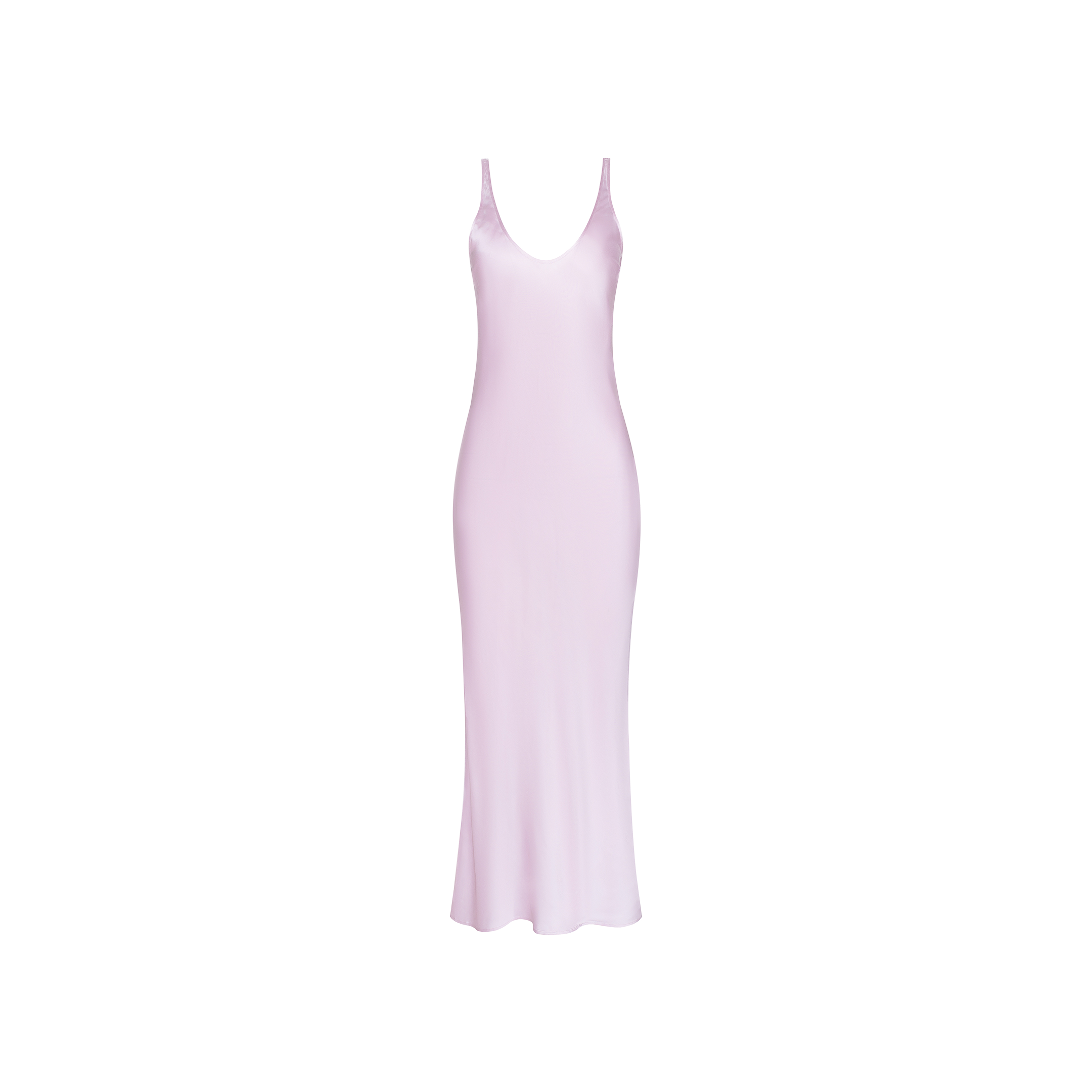 The Akiya Satin Maxi Dress is a sleeveless, pastel lilac bias-cut satin gown featuring a deep scoop neckline and a fitted, ankle-length silhouette, shown against a plain white background.