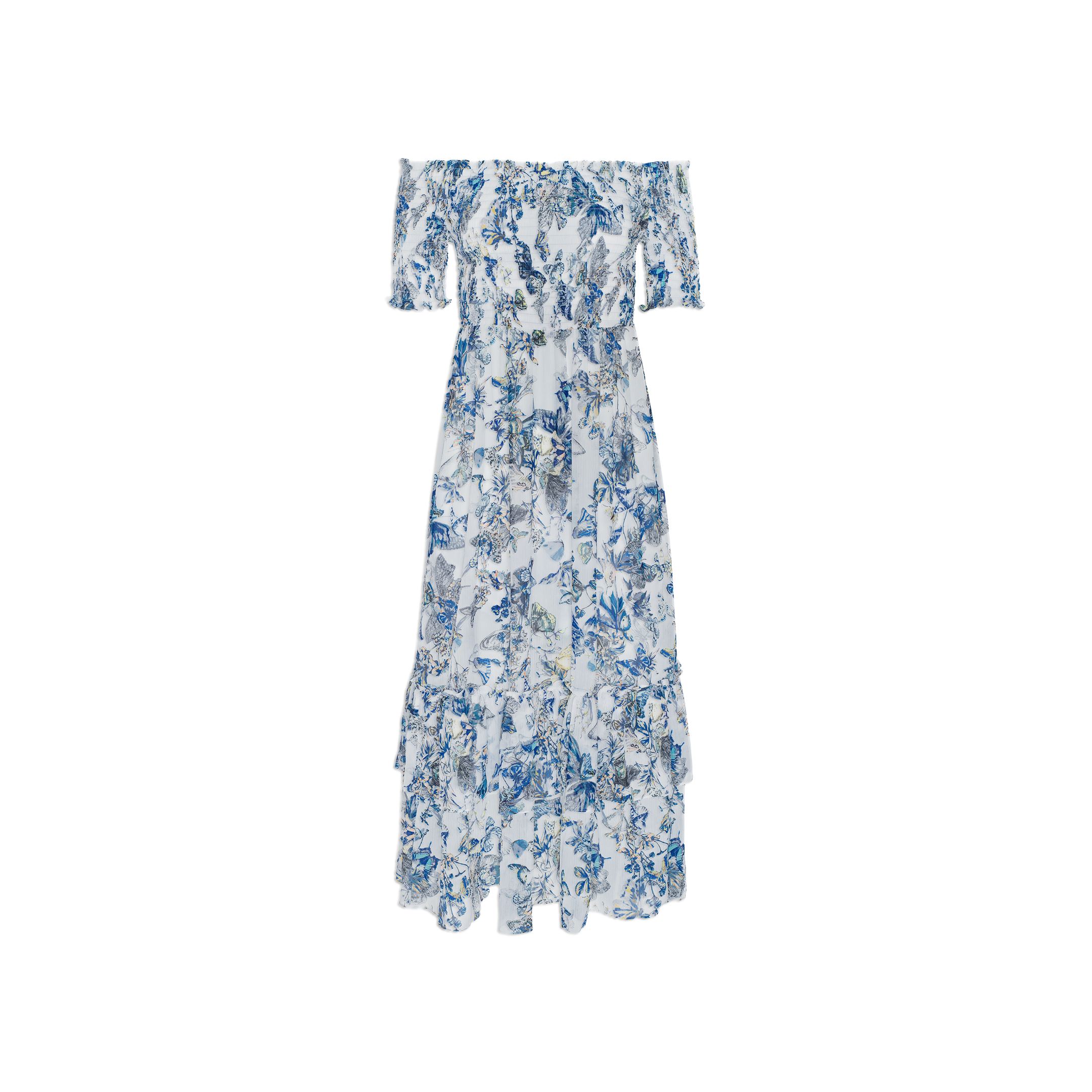The Oriel Off-Shoulder Dress is a white maxi dress featuring a blue floral butterfly print, short sleeves, a cinched waist, and a tiered skirt, displayed on a white background.