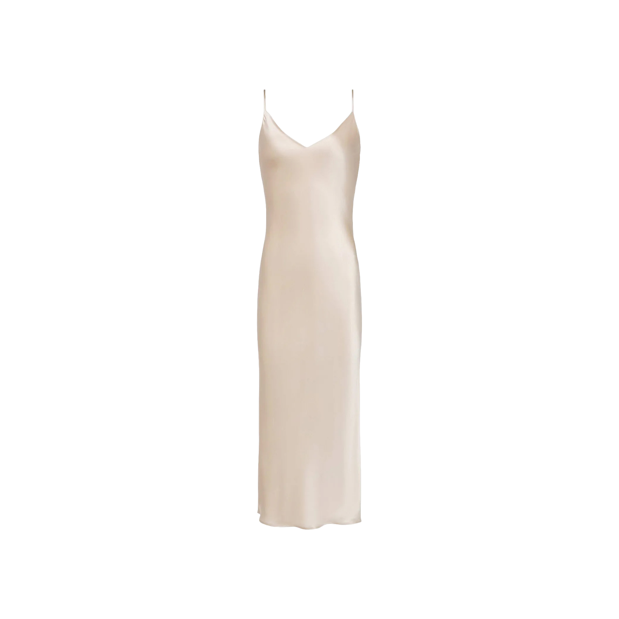 The Seridie Silk Slip Dress is a sleeveless, light beige champagne silk dress featuring thin spaghetti straps and a V-neckline, designed in a bias-cut silk silhouette and shown against a plain white background.