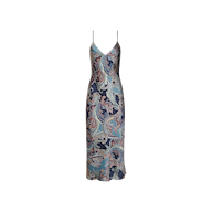 The Seridie Silk Slip Dress is a sleeveless, V-neck midi dress crafted from bias-cut silk charmeuse with thin straps, showcasing a luxurious blue and navy paisley print.