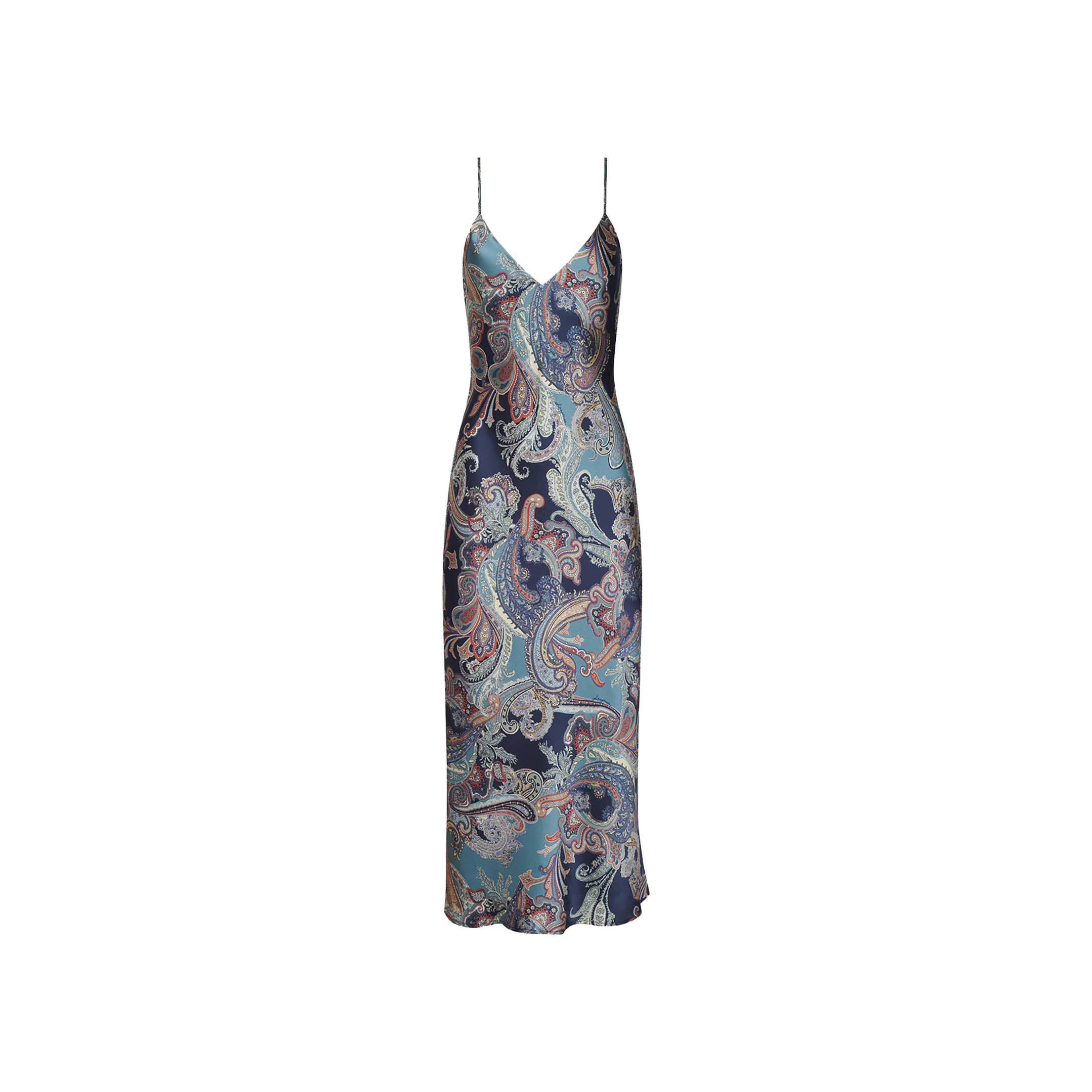 The Seridie Silk Slip Dress is a sleeveless, V-neck midi dress crafted from bias-cut silk charmeuse with thin straps, showcasing a luxurious blue and navy paisley print.