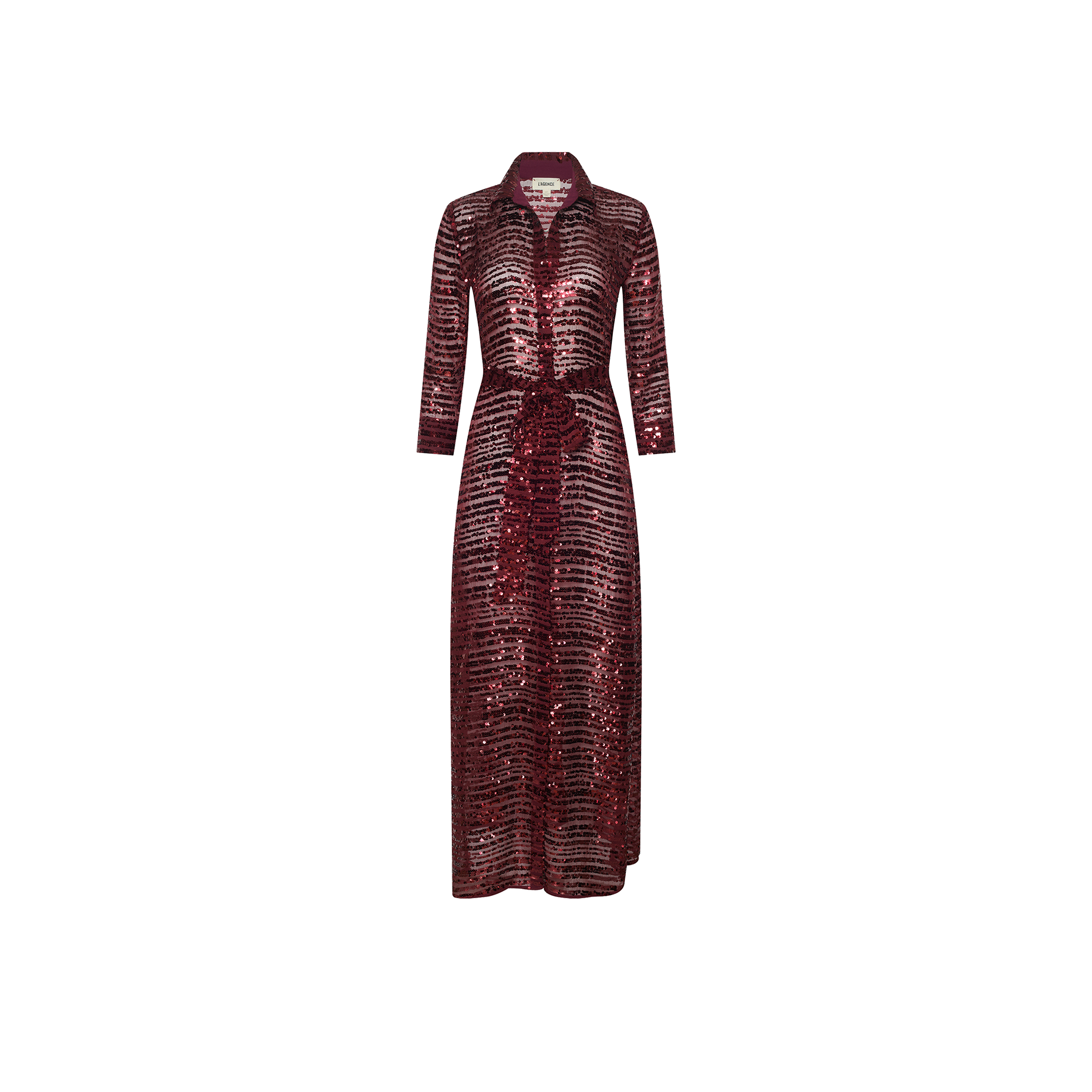 The Cameron Sequin Shirt Dress is a long-sleeved, burgundy shirt dress with a collared neckline, buttoned front, belted waist, and striking sequined stripes, showcased against a plain white background.