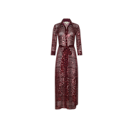 The Cameron Sequin Shirt Dress is a long-sleeved, burgundy shirt dress with a collared neckline, buttoned front, belted waist, and striking sequined stripes, showcased against a plain white background.