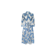 Ralphie Lace Midi Dress featuring a blue and white floral print, collared neckline, long sleeves, button-down front, and a matching fabric belt at the waist, displayed on a plain white background.