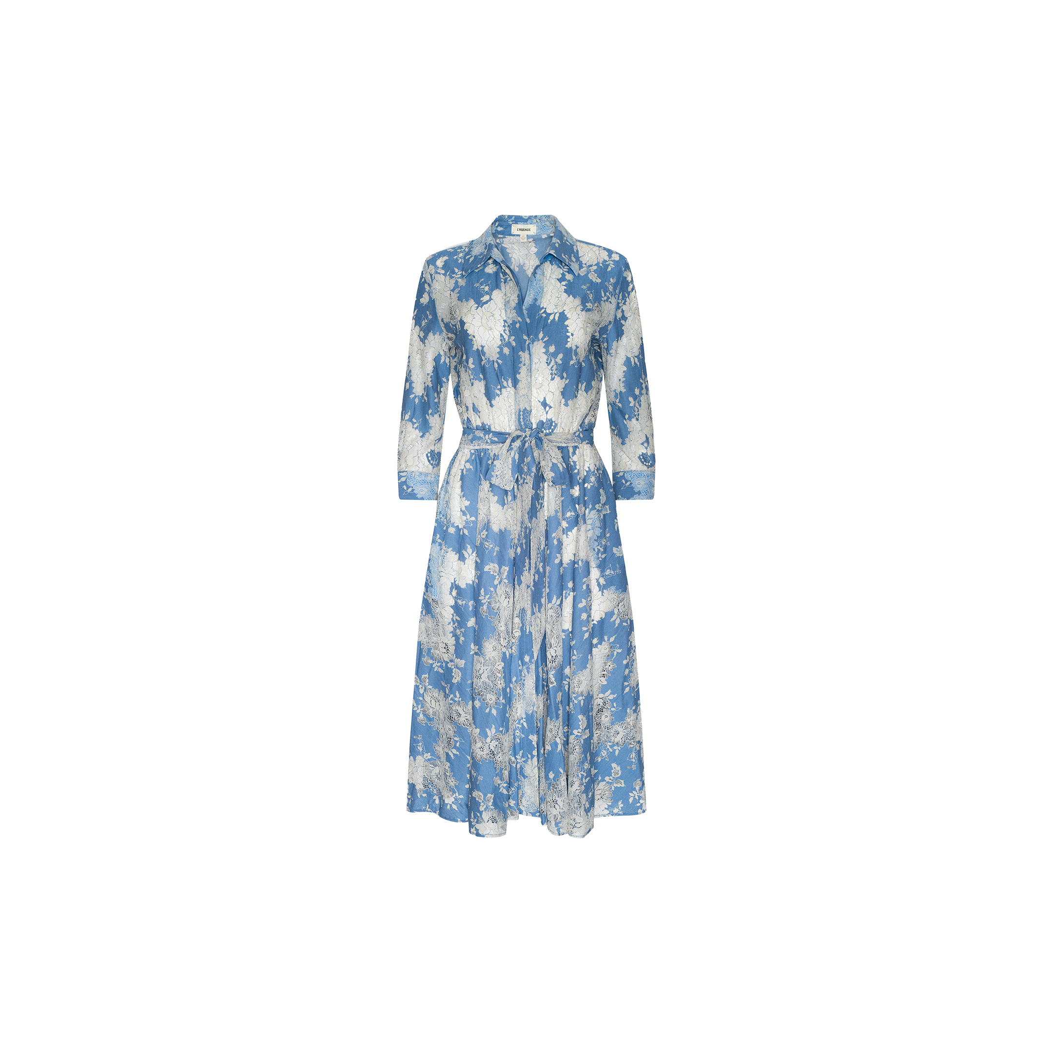 Ralphie Lace Midi Dress featuring a blue and white floral print, collared neckline, long sleeves, button-down front, and a matching fabric belt at the waist, displayed on a plain white background.