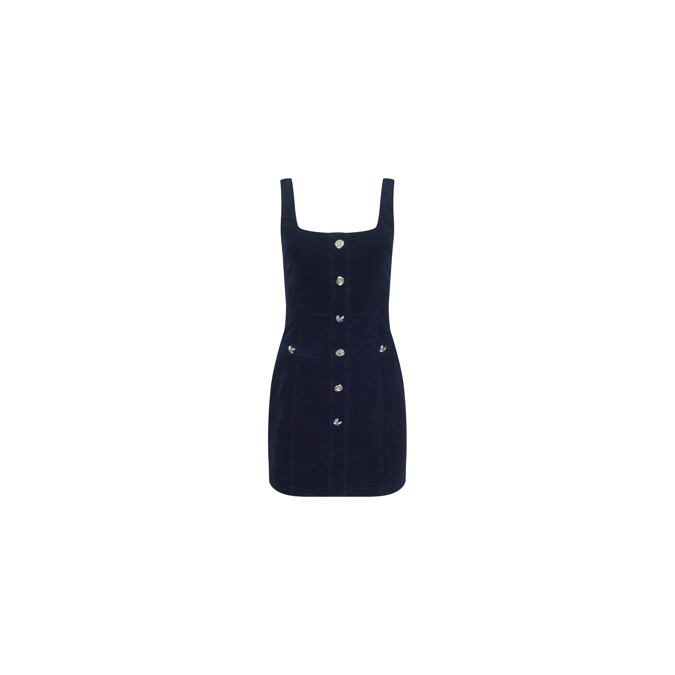 The Vynna Corduroy Dress by L’AGENCE is a sleeveless, stretch navy corduroy A-line mini dress with a square neckline, front button closure, two front pockets, and silver buttons, shown against a plain white background.