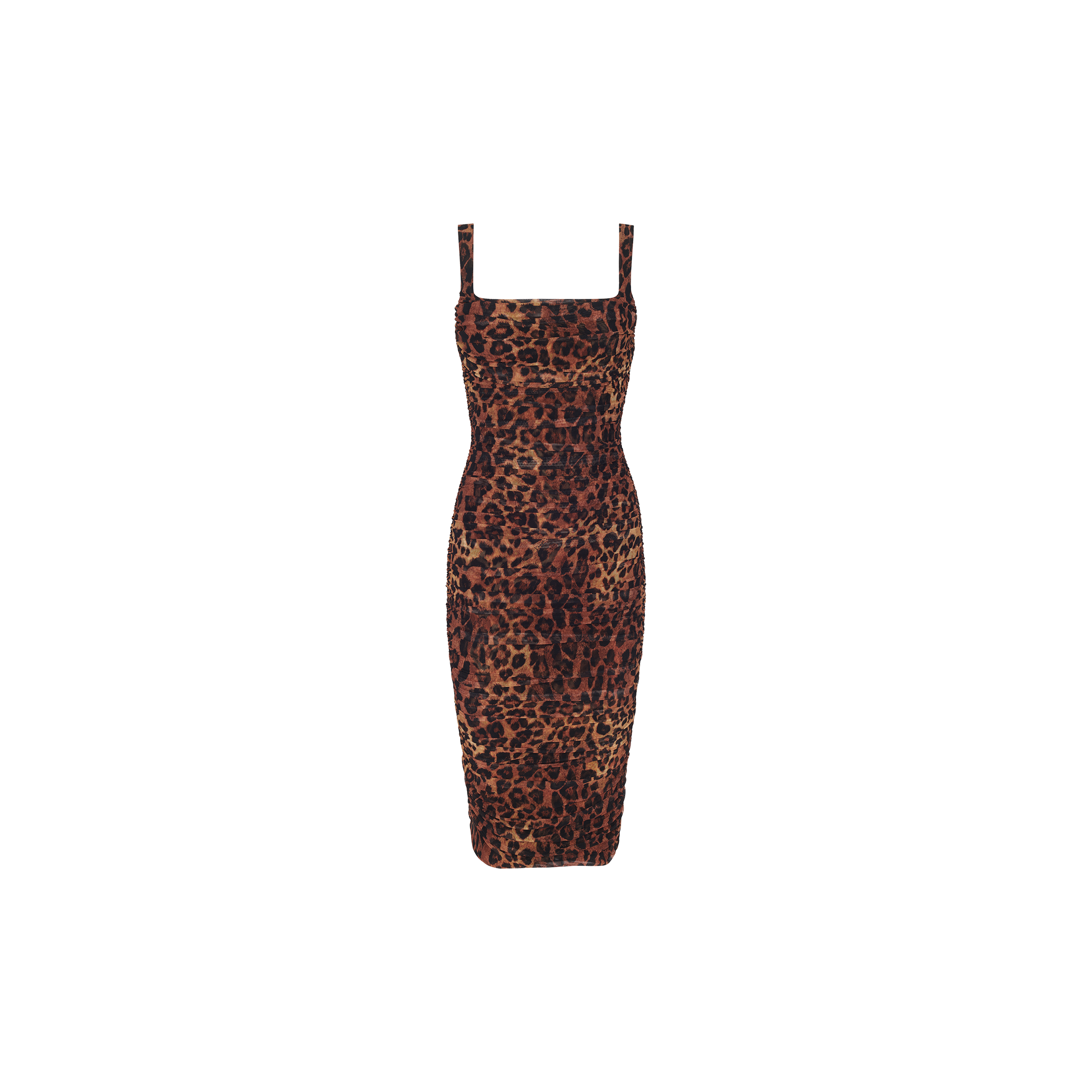 Anya Shirred Dress: A sleeveless, knee-length form-fitting midi dress in a brown and black leopard print, displayed on a plain white background.
