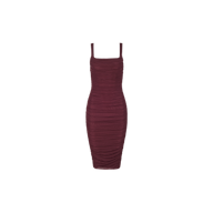 The Anya Shirred Dress is a sleeveless, fitted mesh midi dress in merlot red featuring shirred detailing throughout, shown on a plain white background.