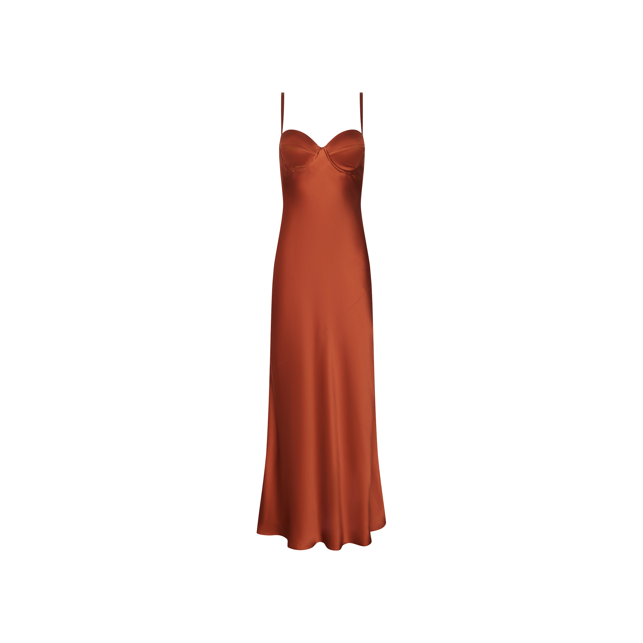 The Sayla Silk Gown, showcased against a plain white background, features a rust-hued satin finish with delicate spaghetti straps, a romantic sweetheart neckline, and a graceful midi-length hem—capturing vintage glamour and making it the perfect choice for any special occasion.